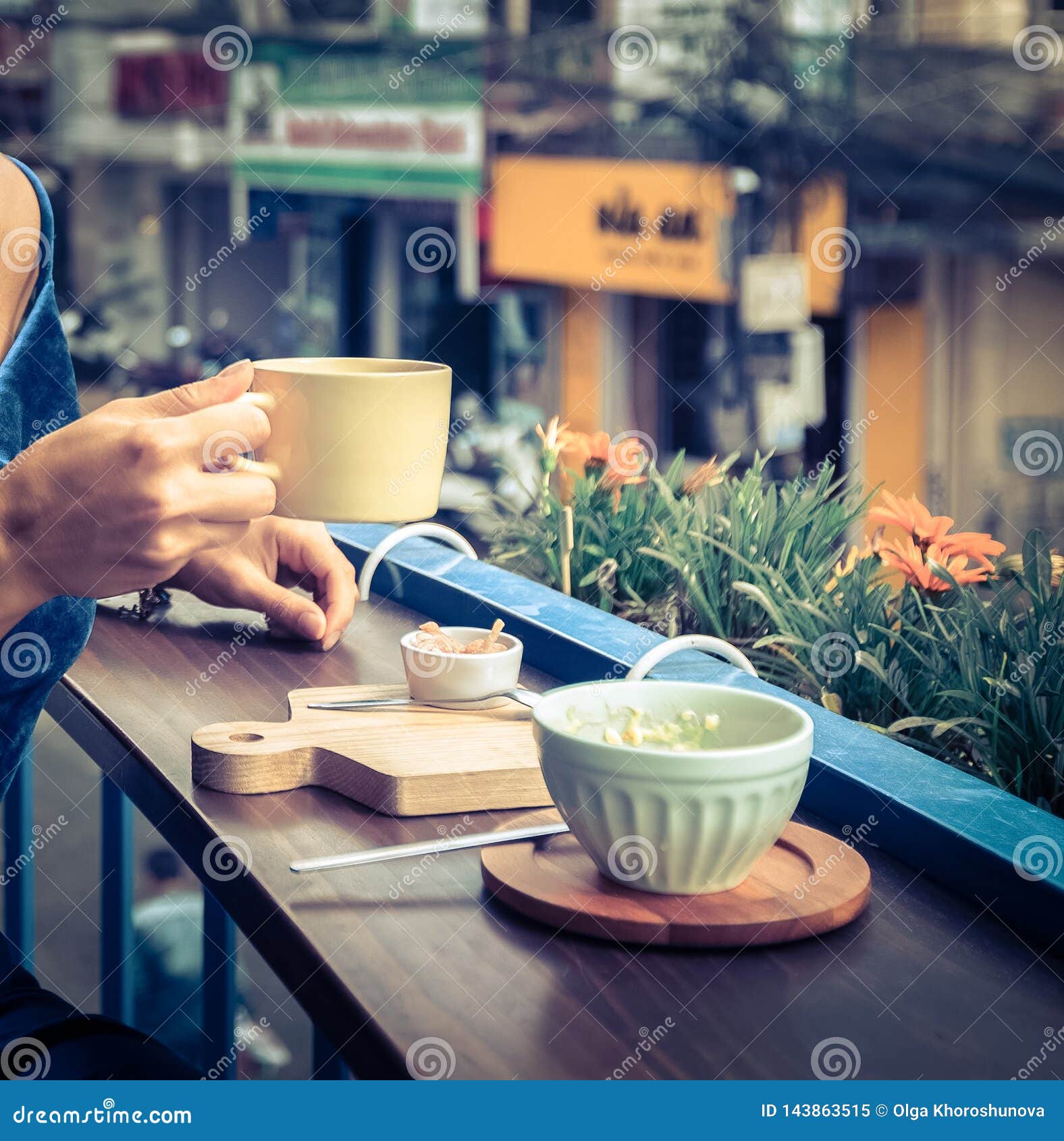 Beautiful Woman Enjoying Tea On Cafe Terrace Stock Image - Image of ...