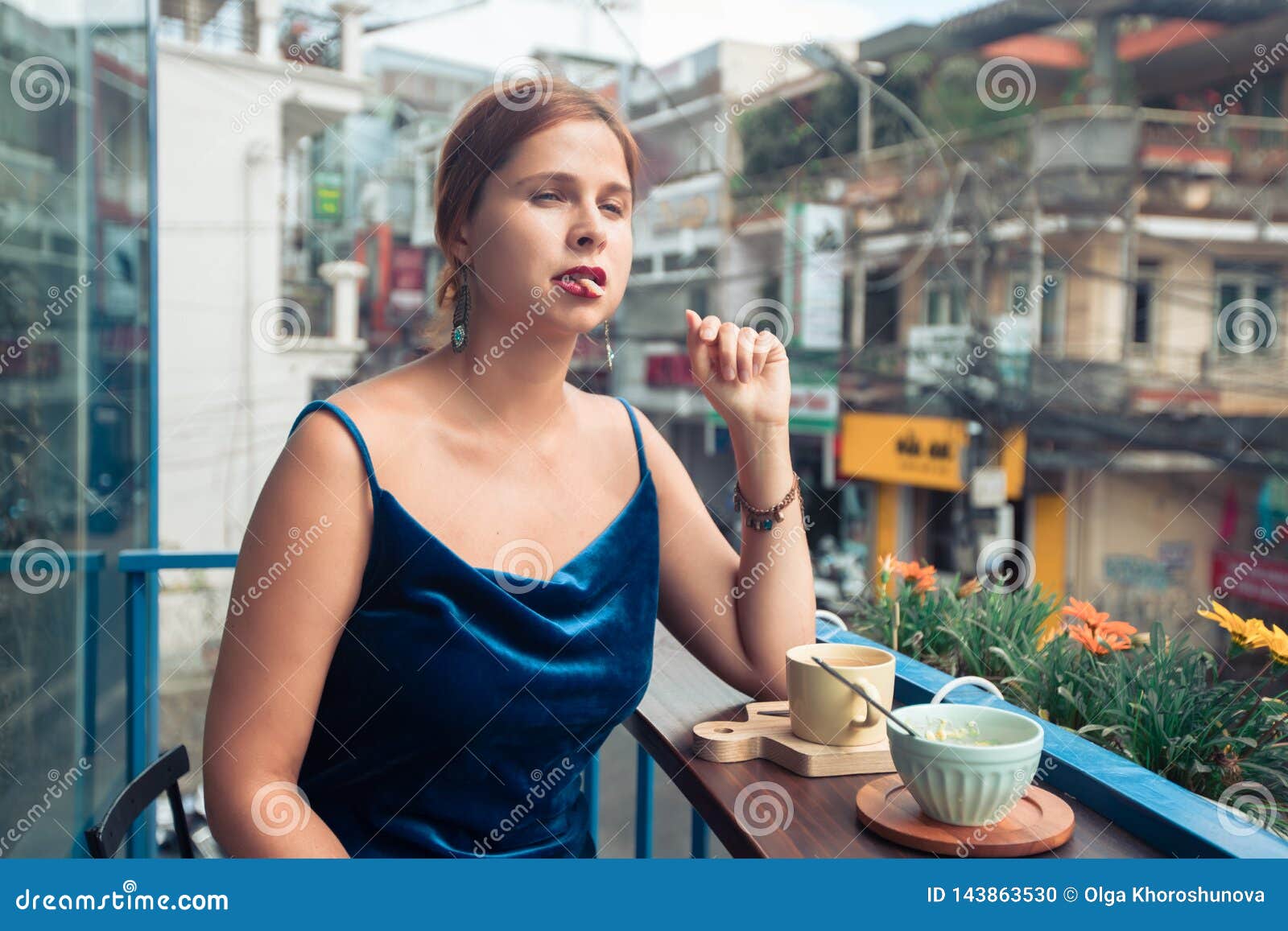 Beautiful Woman Enjoying Tea On Cafe Terrace Stock Photo - Image of ...