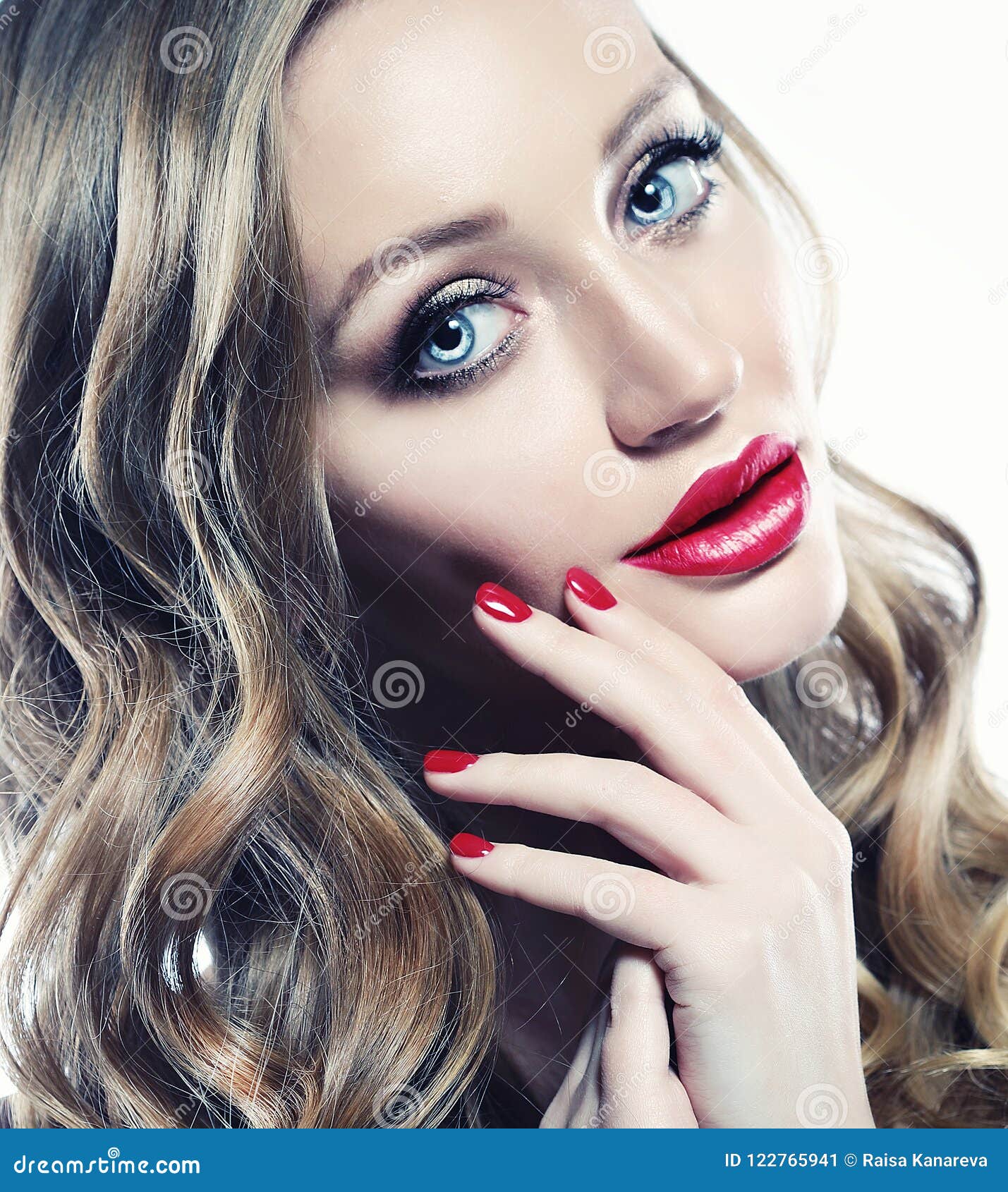 Beautiful Woman Face Closeup with Long Blond Hair and Vivid Red ...