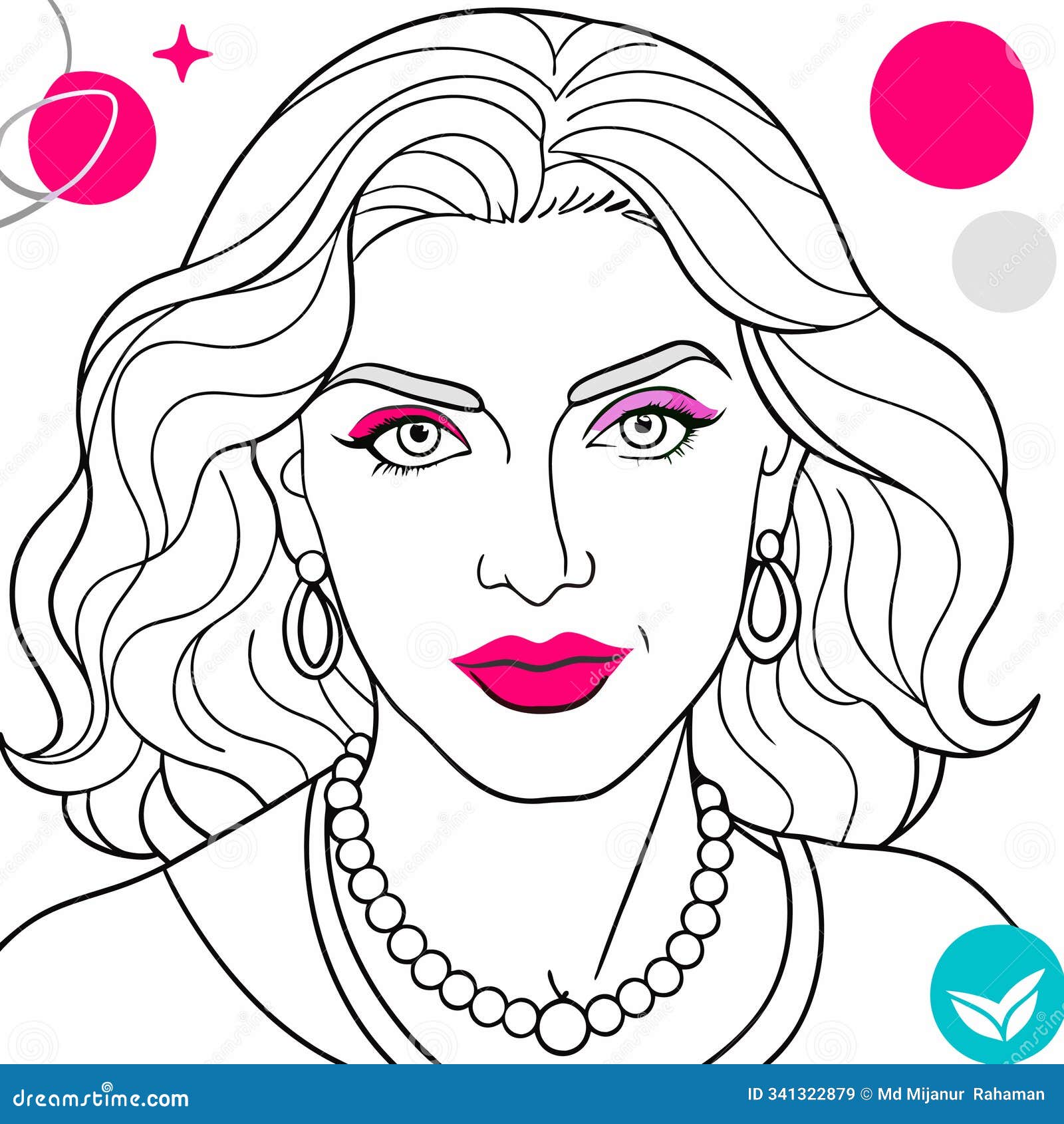Beautiful Woman Face with Long Curly Hair. Vector Illustration in Retro
