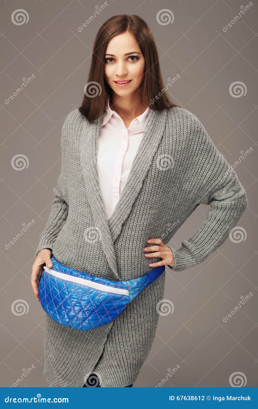 Beautiful Woman with a Fanny Pack Stock Photo - Image of banana, gray ...