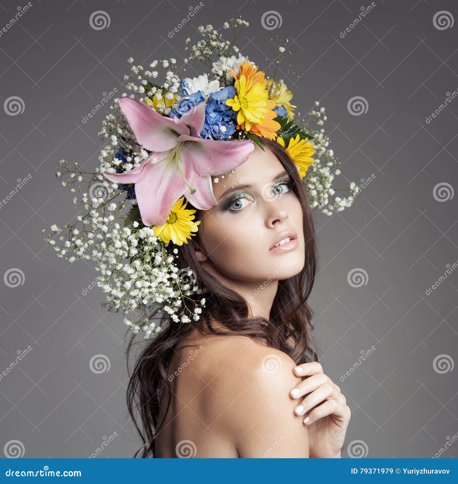 Beautiful Woman with Flower Wreath on Her Head. Stock Image - Image of ...