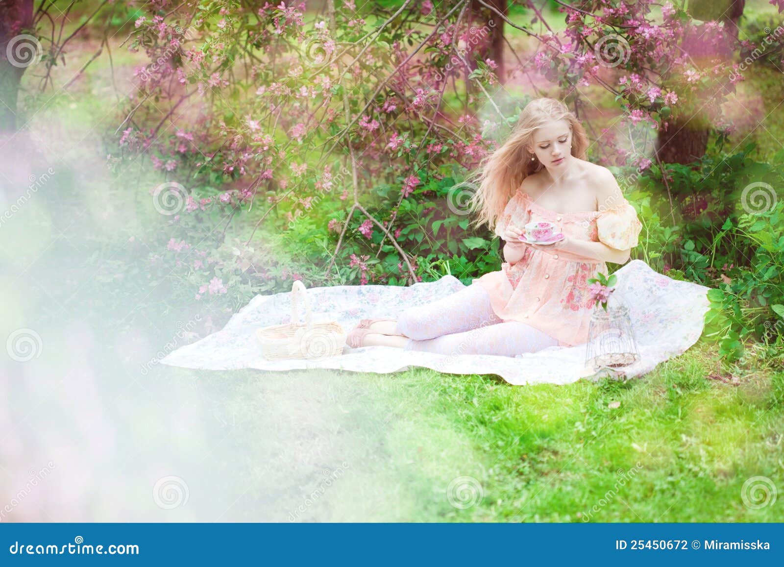 Beautiful Woman with Flowering Tree Stock Photo - Image of glamour
