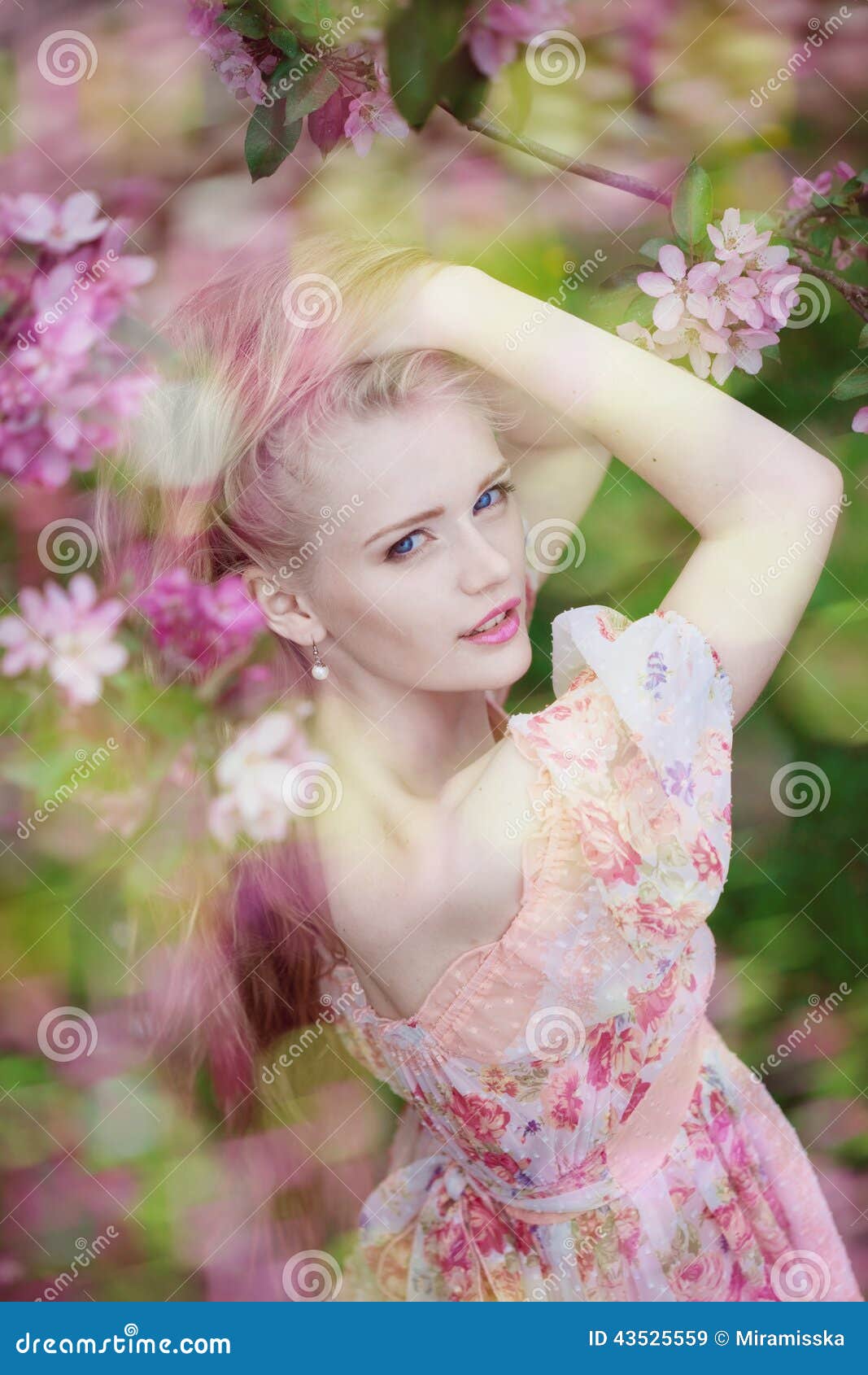 Beautiful Woman and Flowering Tree. Beauty Young Girl in Garden. Stock ...