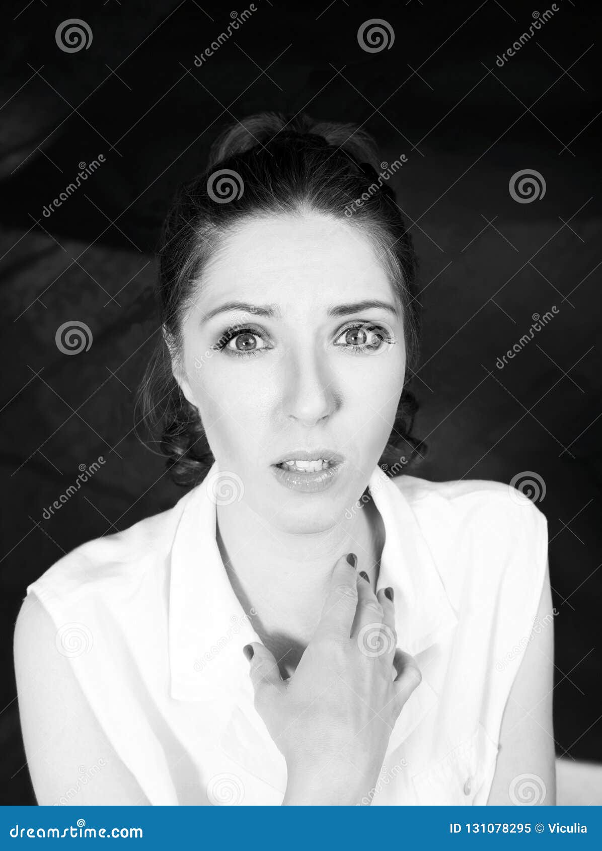 Beautiful Woman Frightened in White Shirt Stand Studio Shoot on Dark ...