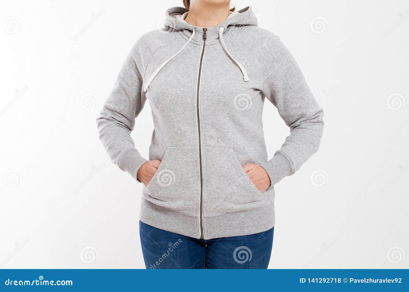 Download Beautiful Woman In Gray Pullover Hoodie Mockup Cropped ...