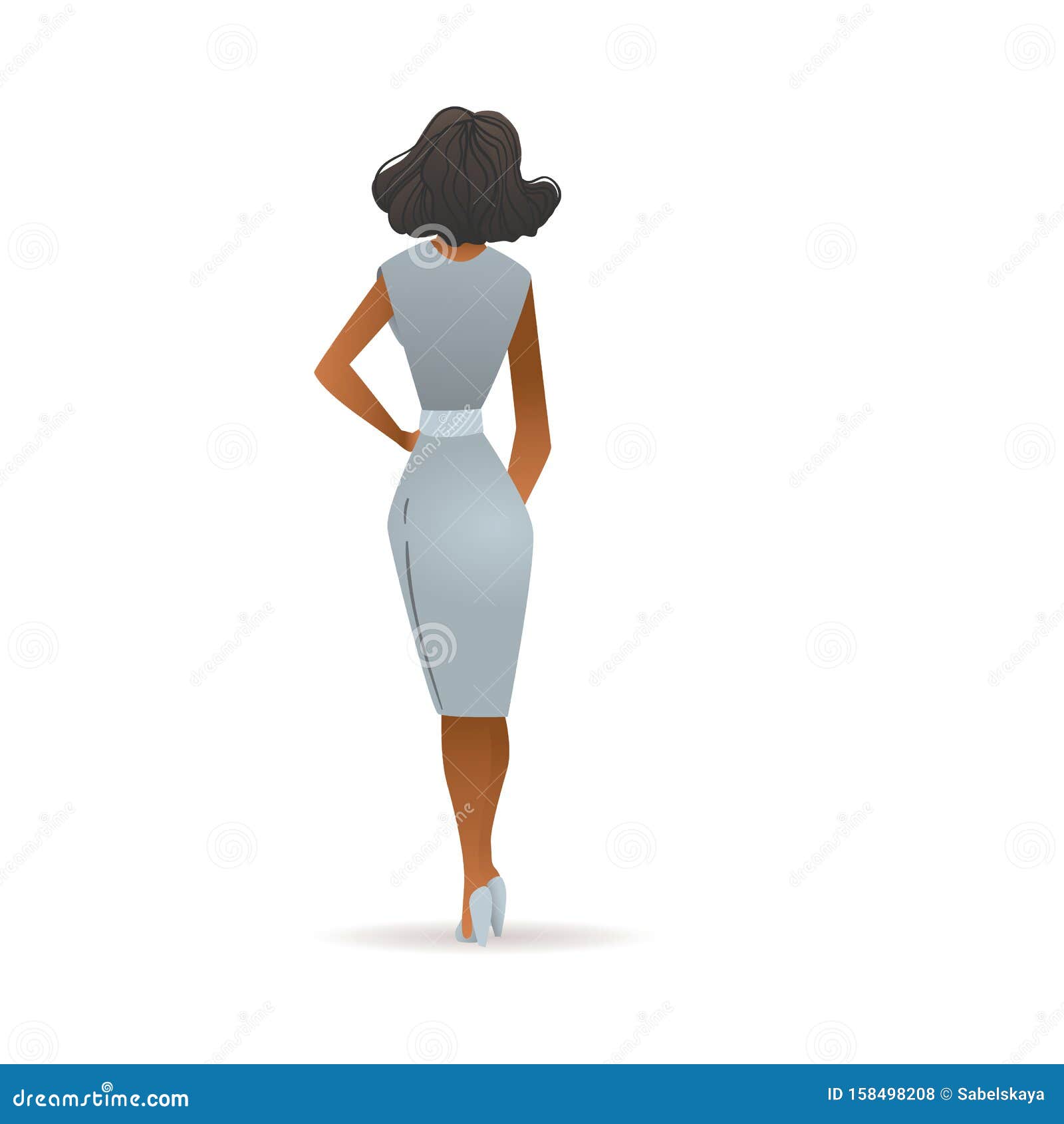 Beautiful Woman in Grey Dress Seen from Back View - Cartoon Girl with Dark  Skin Stock Vector - Illustration of high, glamour: 158498208