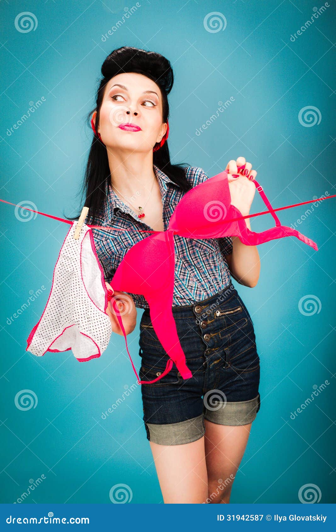 Beautiful Woman Hanging Her Panties and Bra Stock Image - Image of fashion,  blue: 31942587