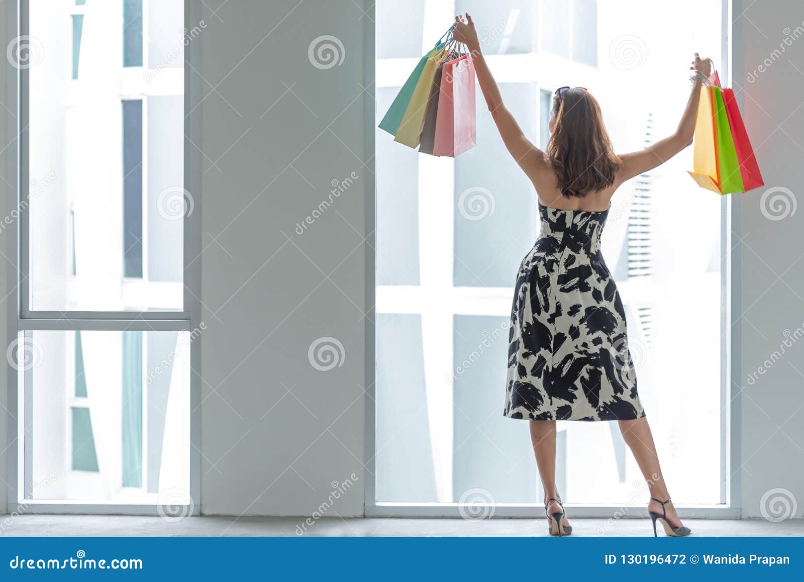 Beautiful Woman So Happy Shopping Online With Her Shopping In Casual Clothing With Shopping Bags ...