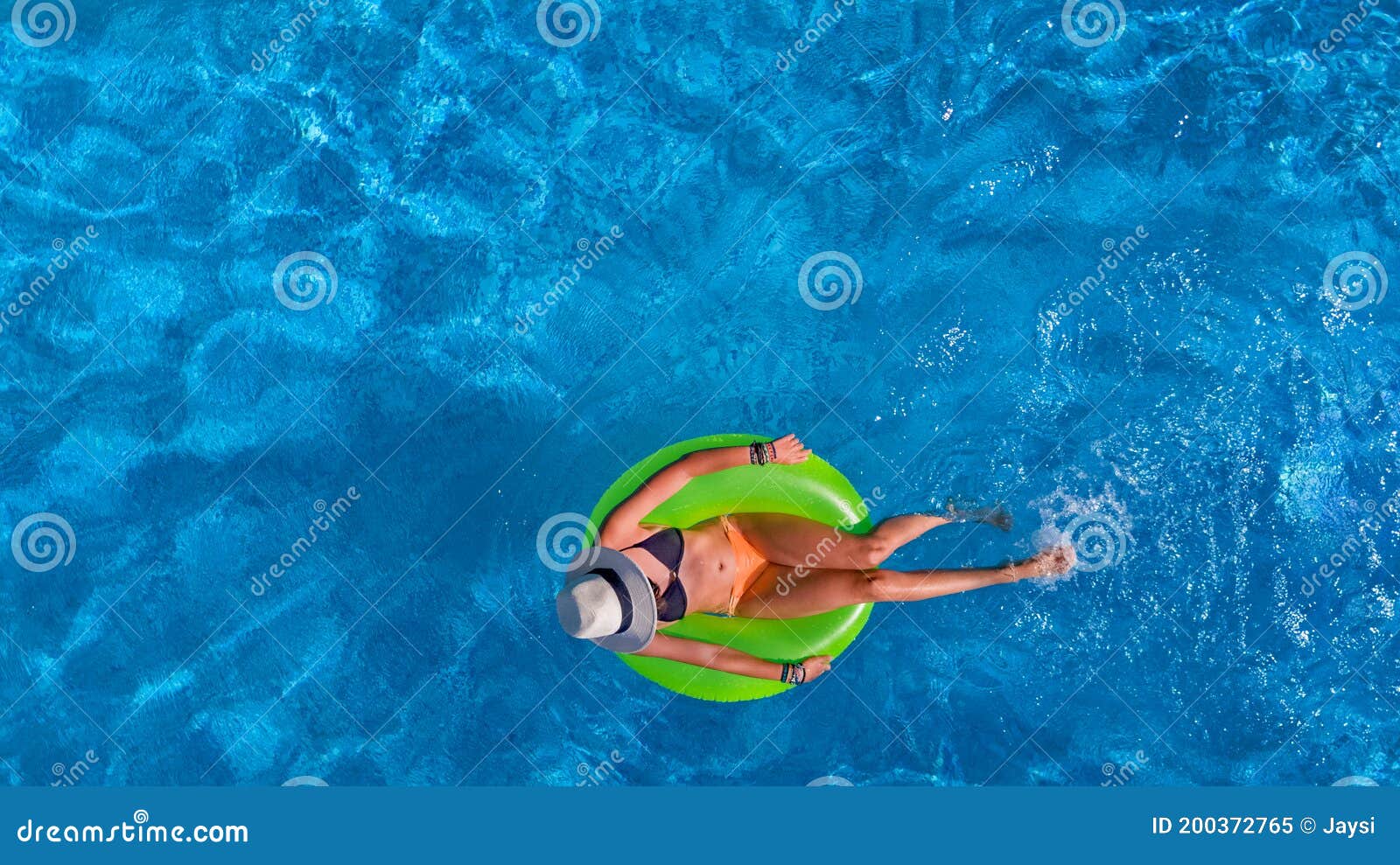 Beautiful Woman in Hat in Swimming Pool Aerial View from Above, Young ...