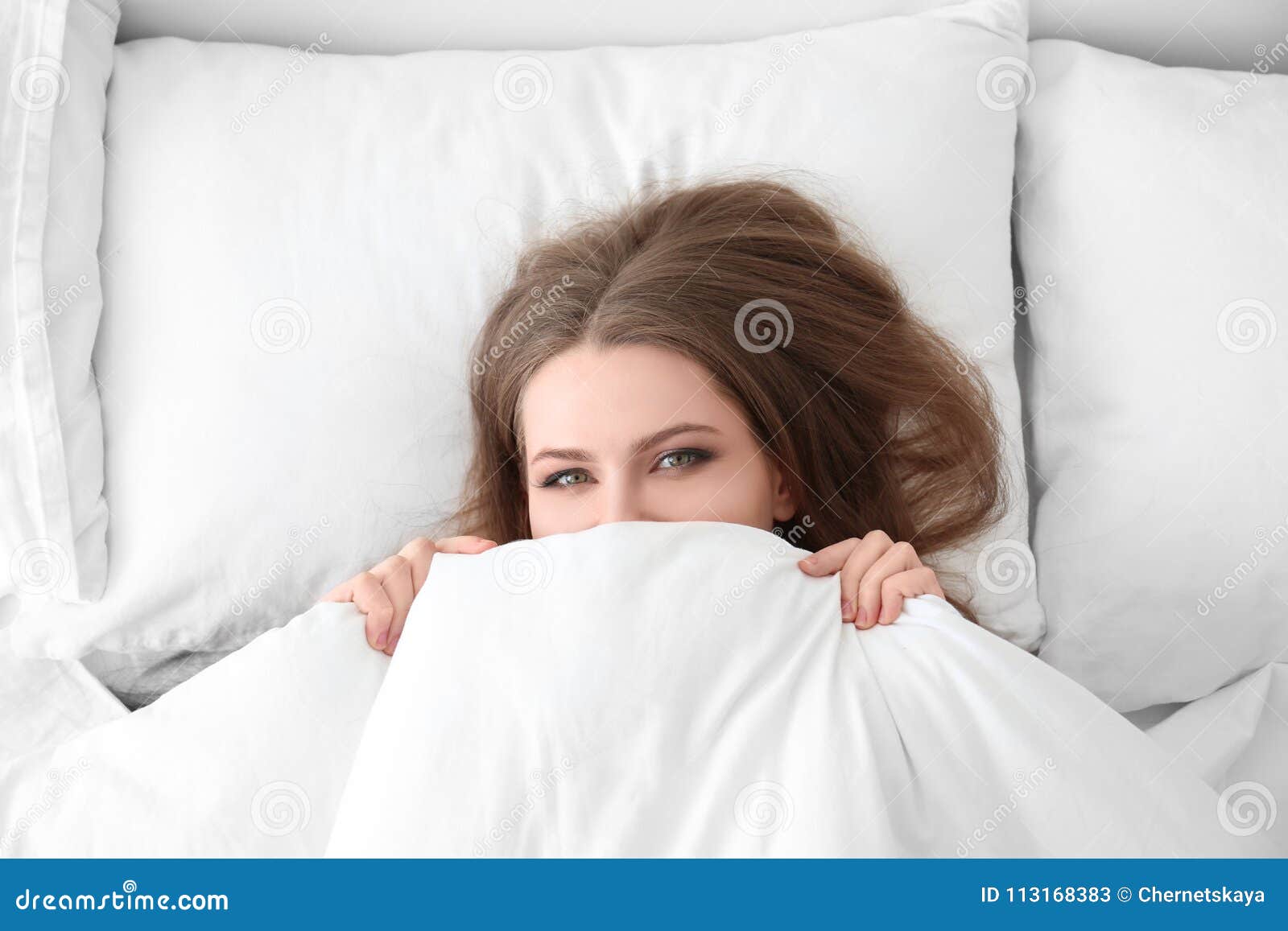 Beautiful Woman Hiding Face Under Blanket Stock Image Image Of