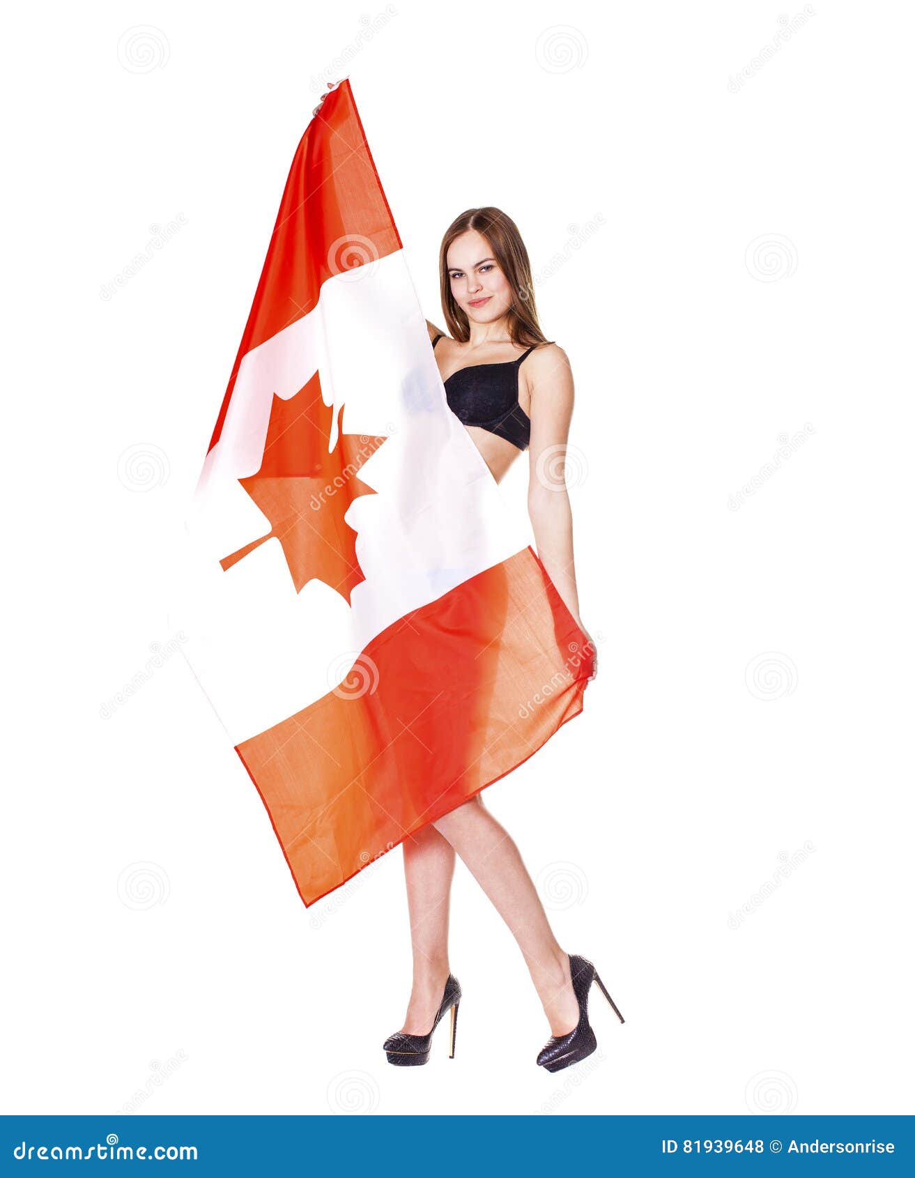 Beautiful Woman Holding a Large Canadian Flag Stock Photo - Image of ...