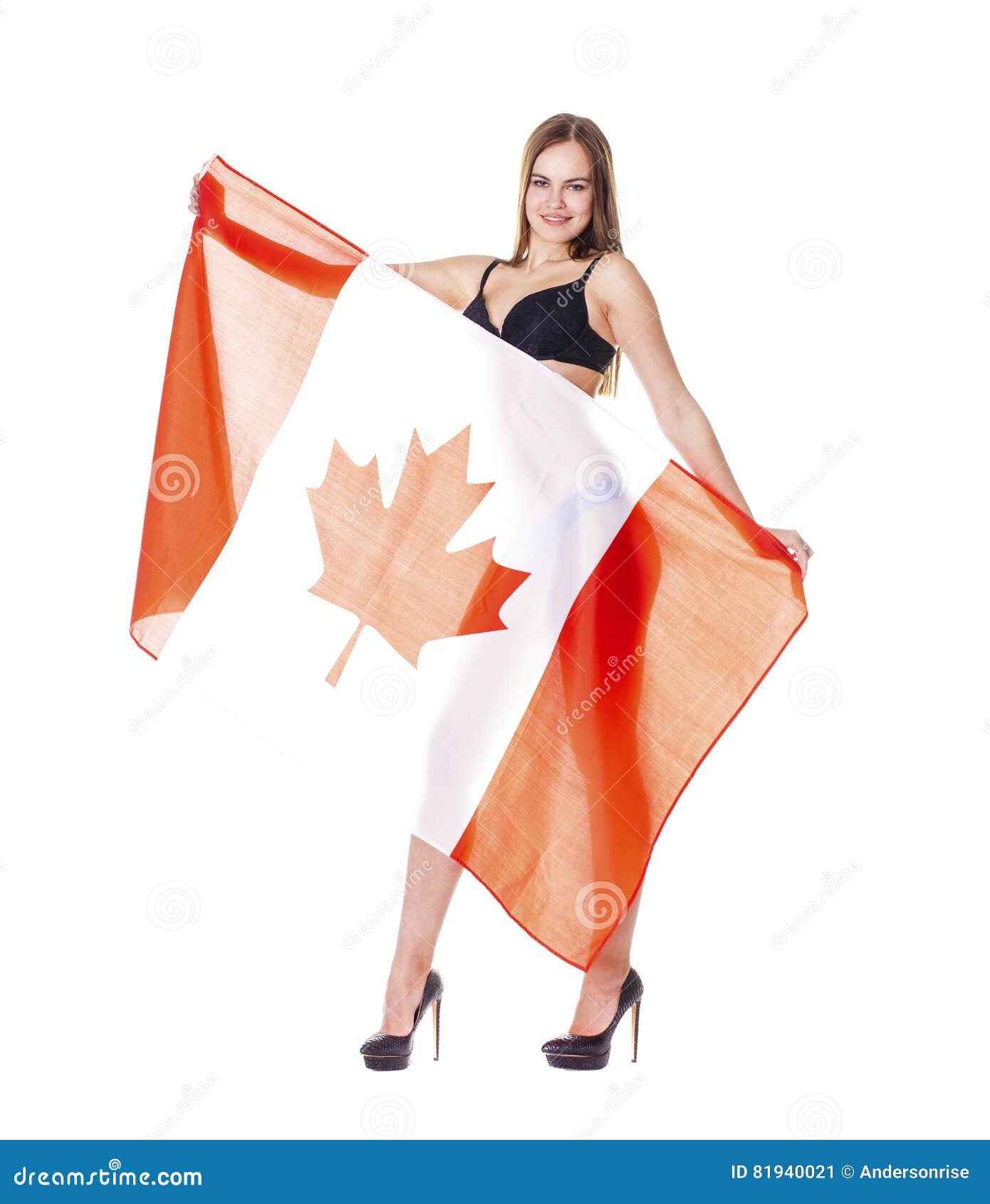 Beautiful Woman Holding a Large Canadian Flag Stock Image - Image of ...