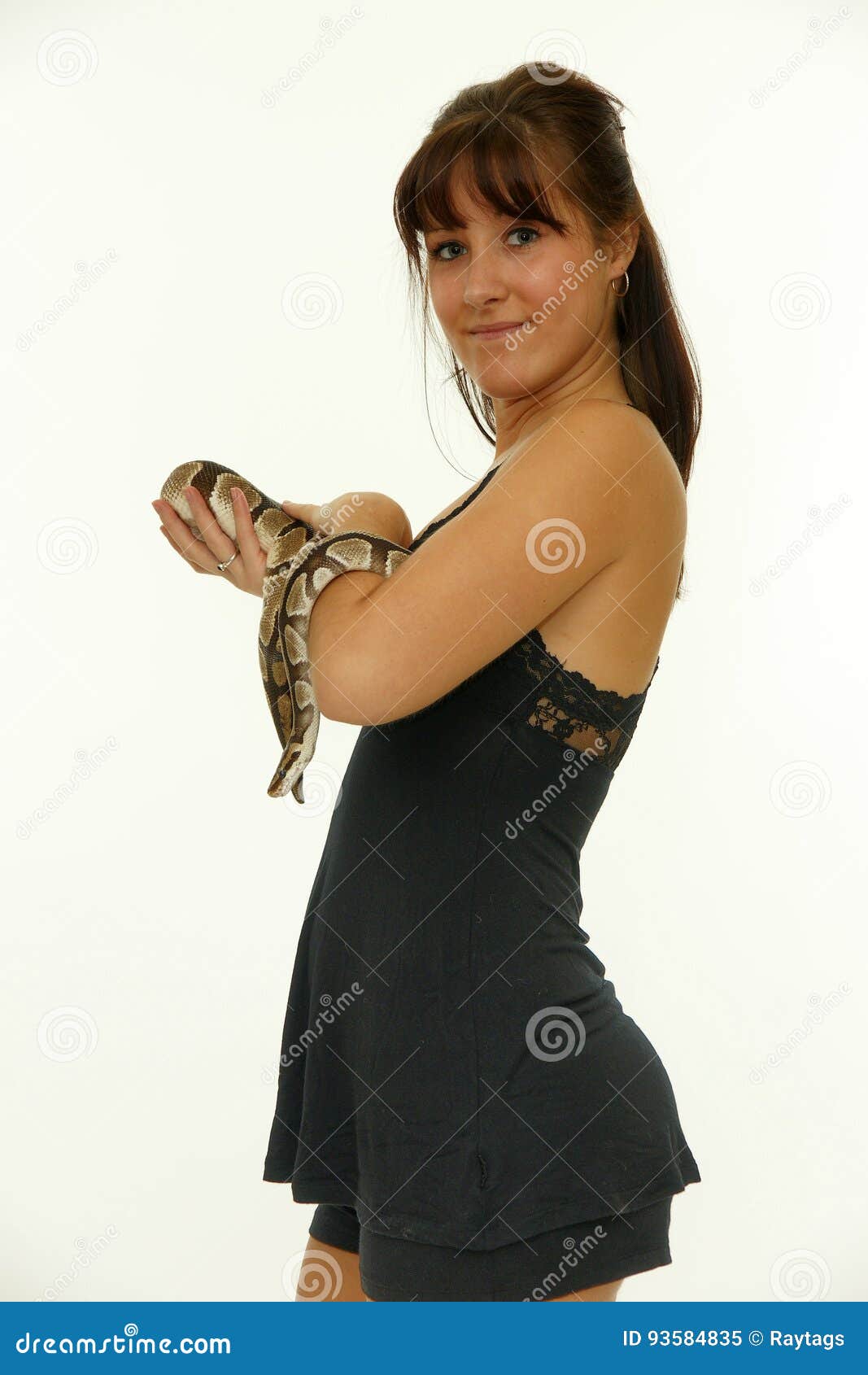 Beautiful Woman Holding Python on Isolated White Stock Image - Image of ...