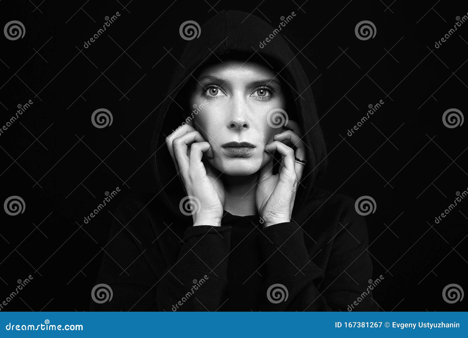 Beautiful Woman in Hood. Monochrome Portrait of Woman Stock Image ...