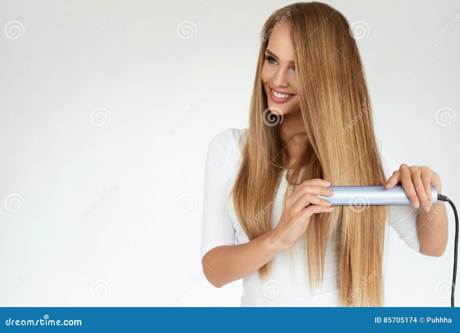 Beautiful Woman Ironing Long Straight Hair with Straightener Stock Photo -  Image of heat, makeup: 85705174