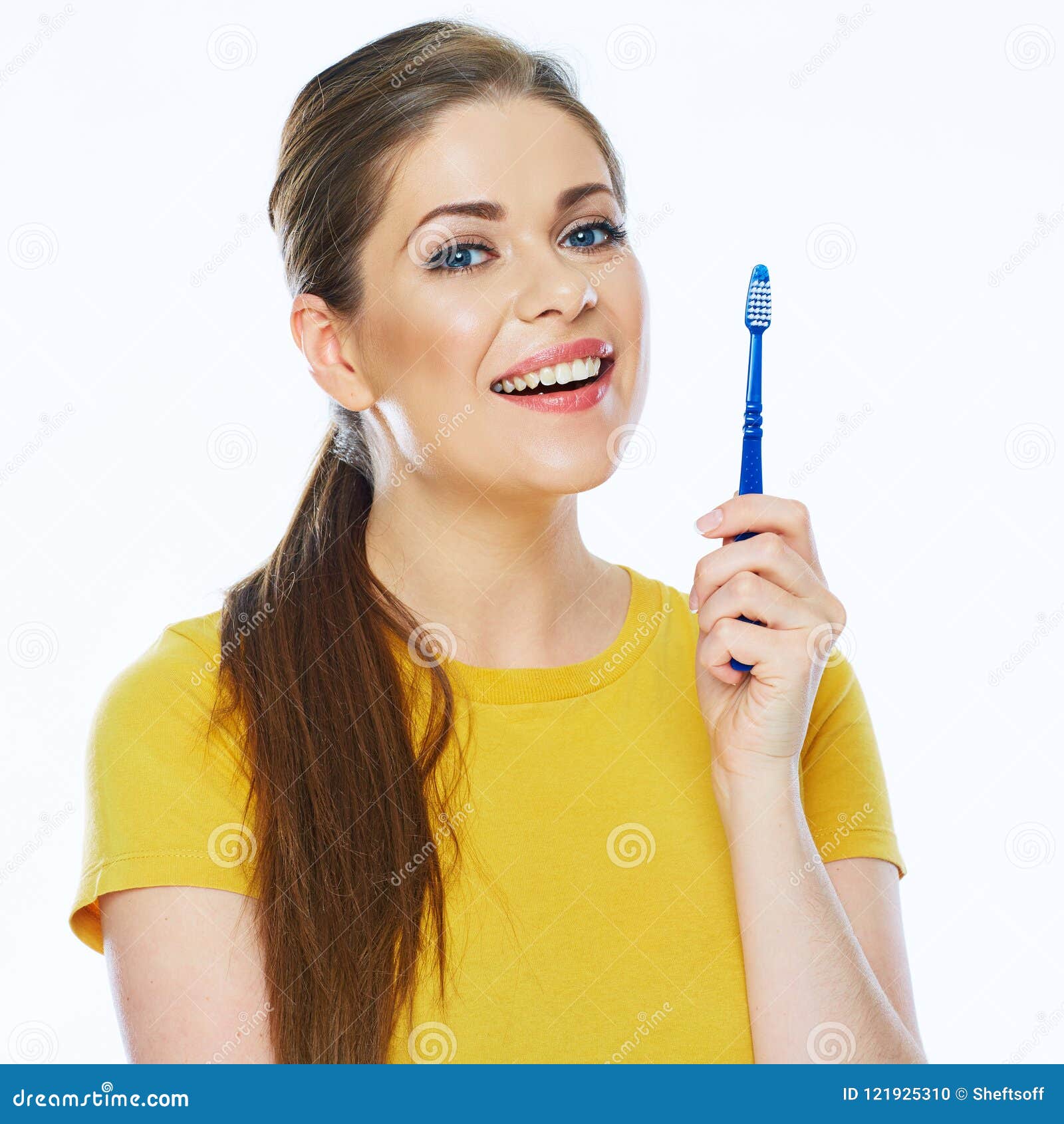 Beautiful Woman Isolated Portrait With Toothy Brush