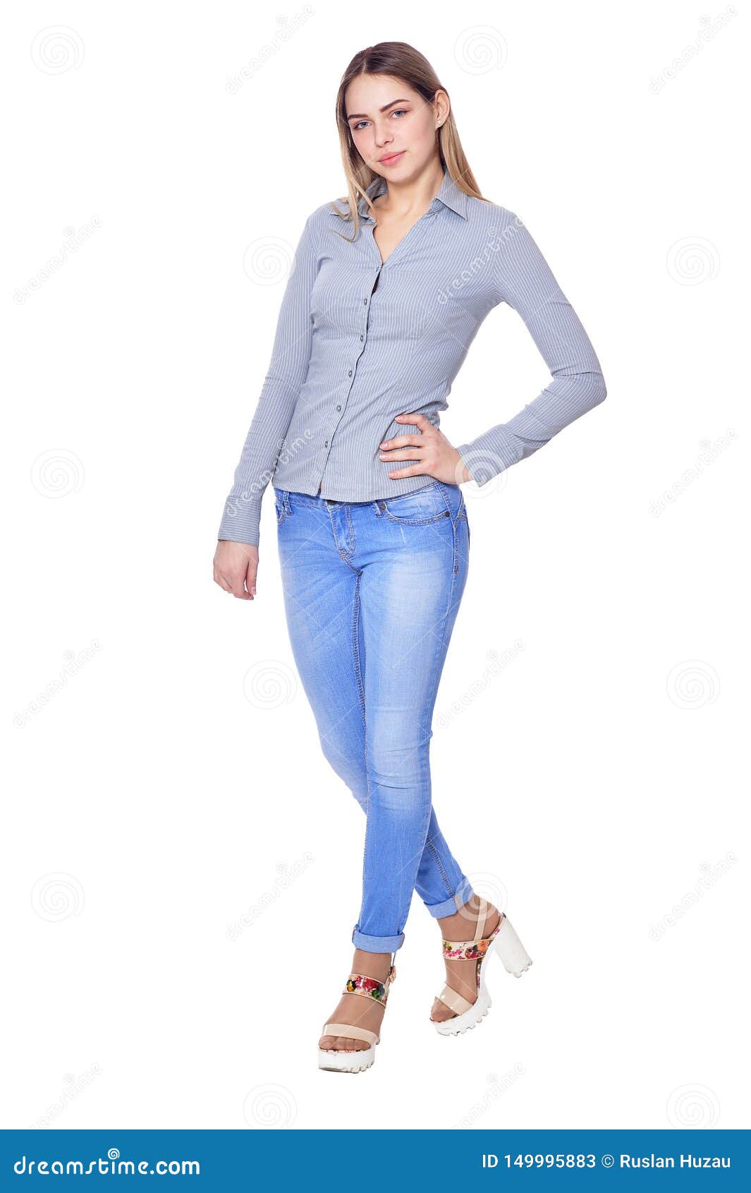 Beautiful Woman in Jeans Posing Isolated on White Background Stock ...