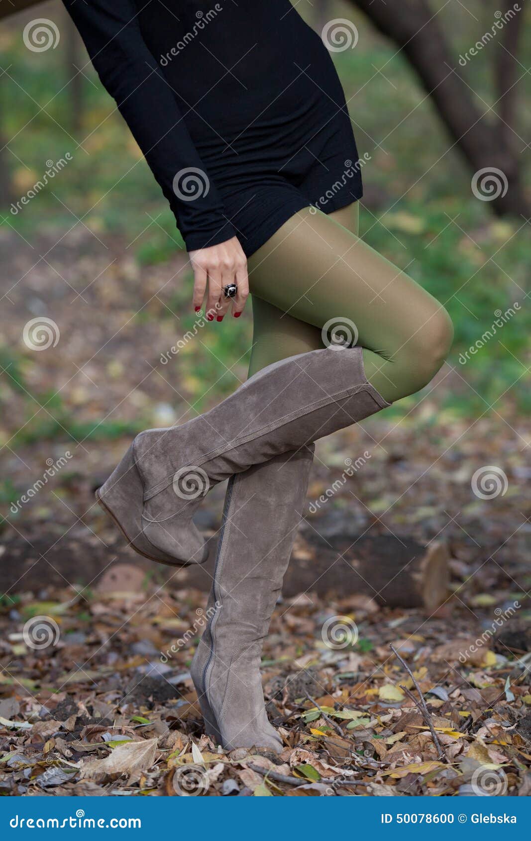 Beautiful Woman Legs in Suede Boots in Autumn Forest Stock Photo ...