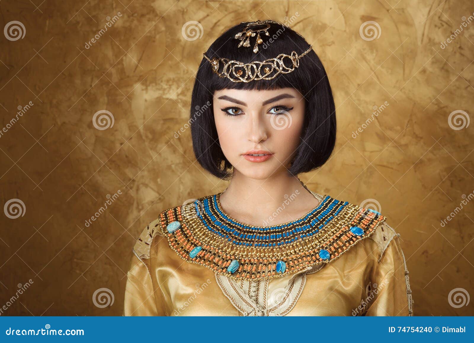 Beautiful Woman Like Egyptian Queen Cleopatra On Golden