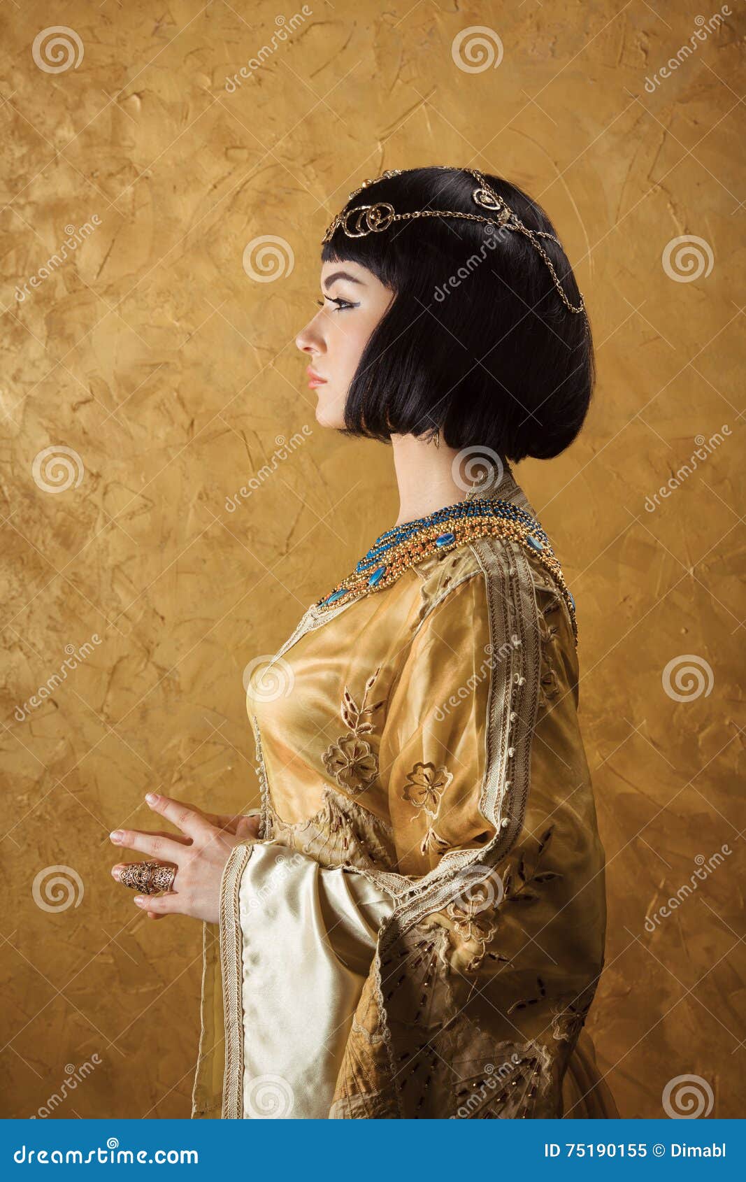 Beautiful Woman Like Egyptian Queen Cleopatra On Golden