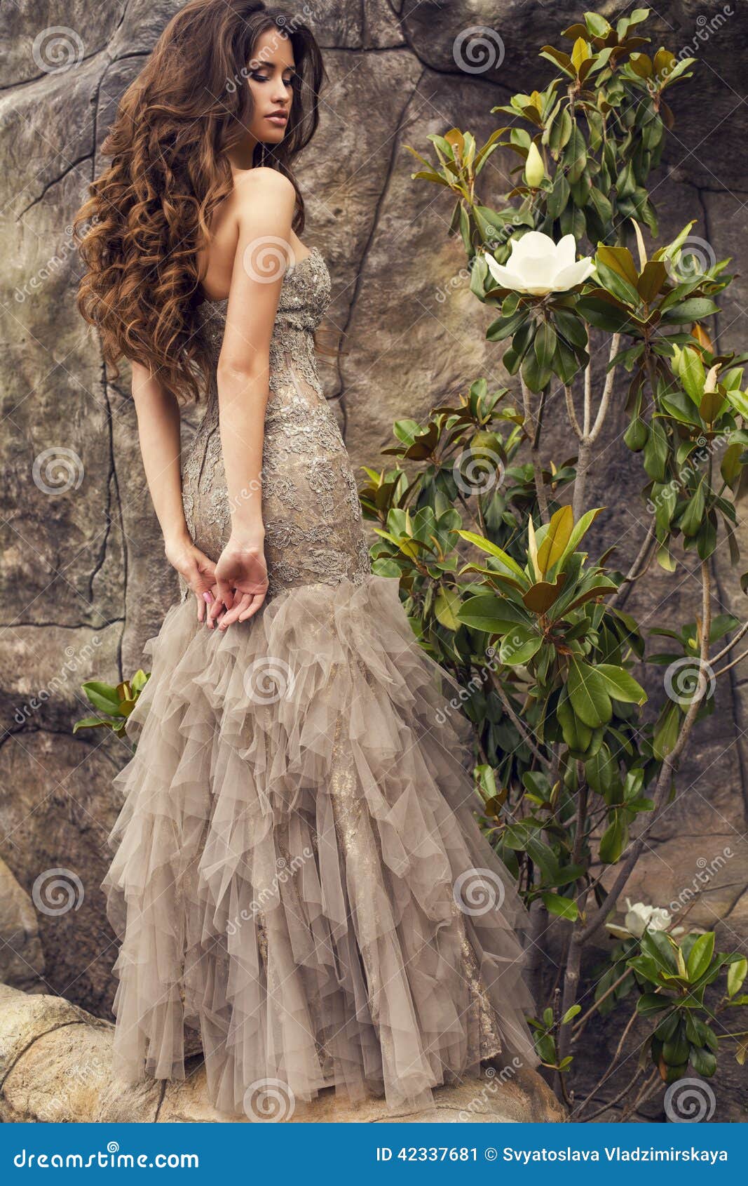 Beautiful Woman With Long Curly Hair In Luxurious Dress Stock Image Image Of Woman Chic 42337681