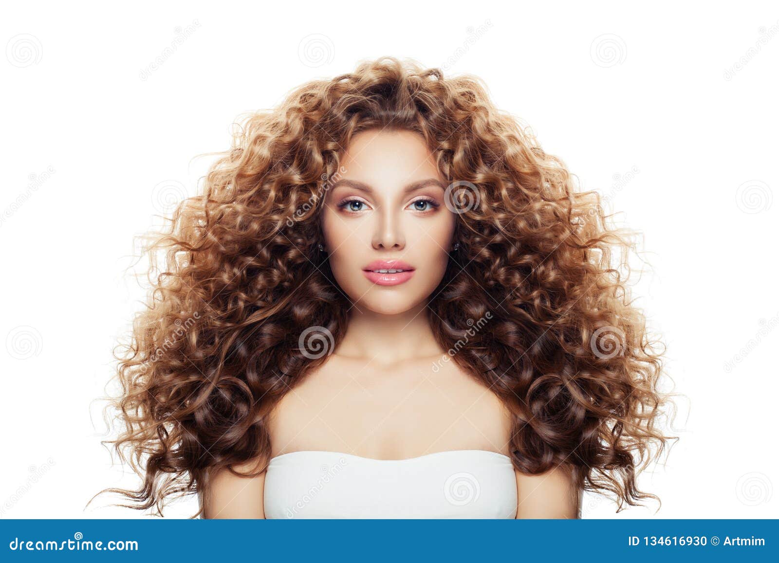 Beautiful Woman With Long Healthy Curly Hair Isolated On