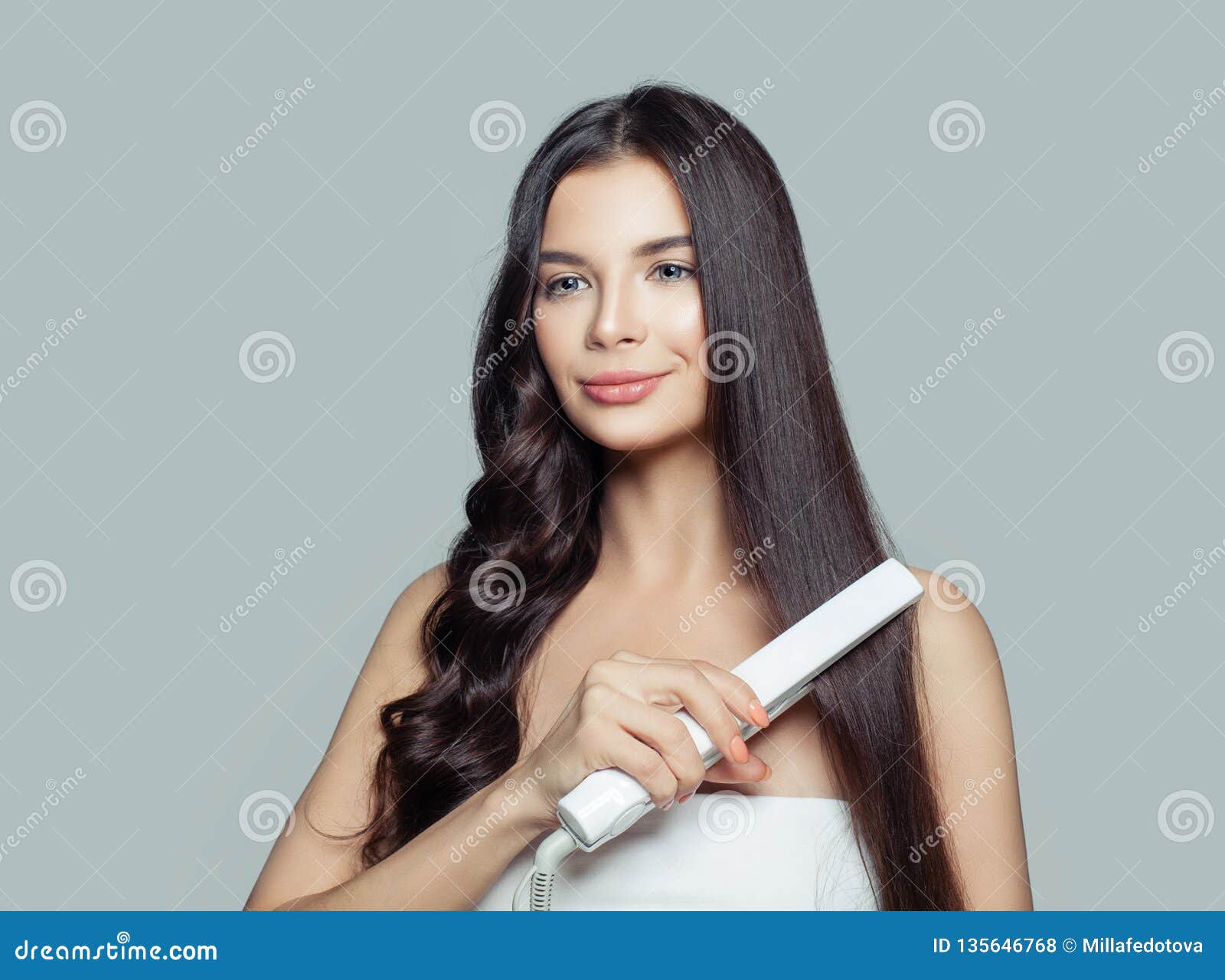 Beautiful Woman with Long Straight Hair and Curly Hair Stock Photo - Image  of ironing, girl: 135646768