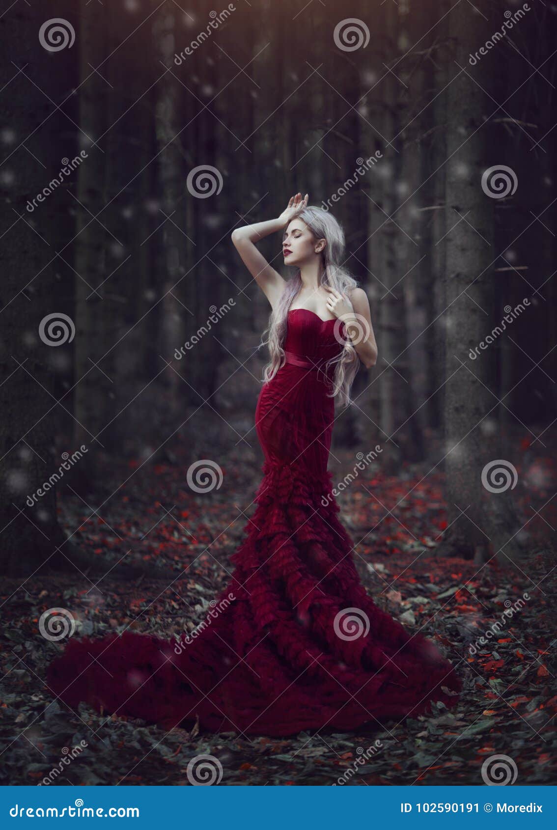 Beautiful Woman with Long White Hair Posing in a Luxurious Red ...