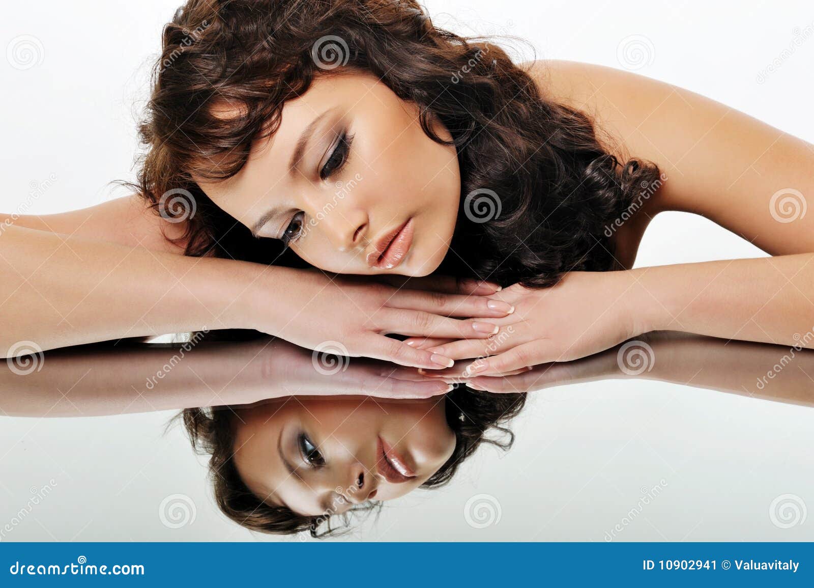 Beautiful Woman Looking Down in the Mirror Stock Image Image of