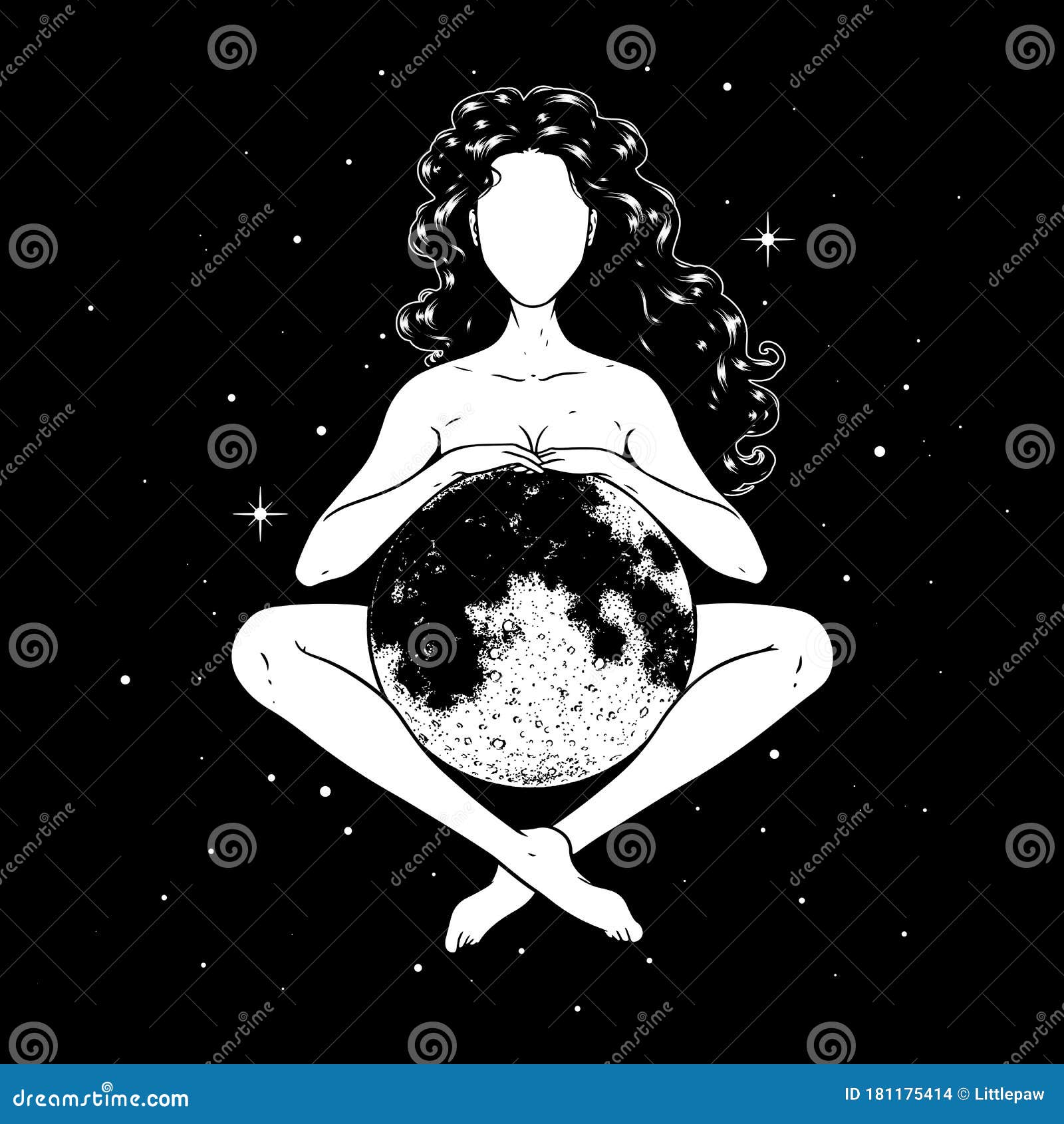beautiful woman meditating with full moon in space, goddess .  