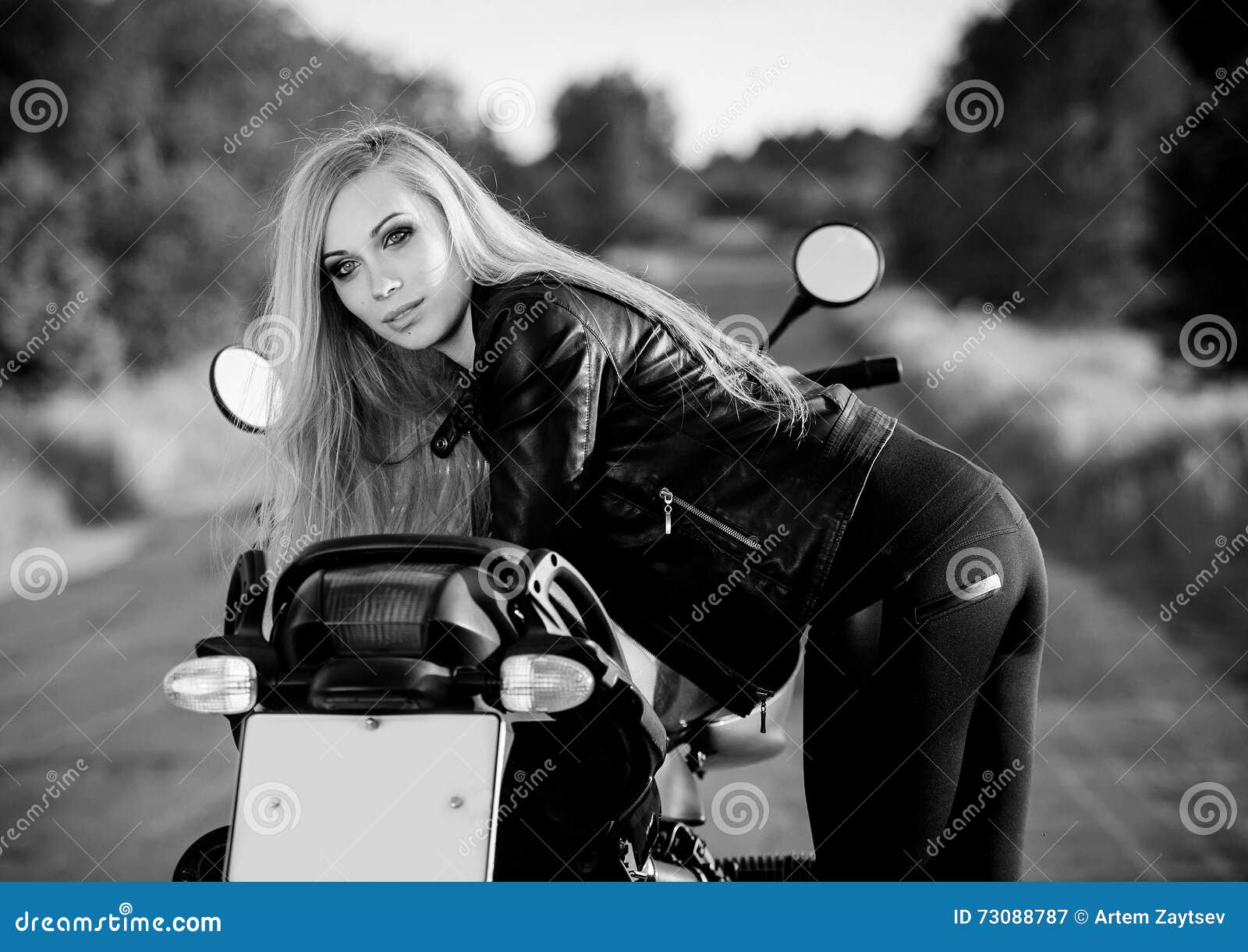 Beautiful Woman on the Motorcycle. Black and White Stock Image - Image ...