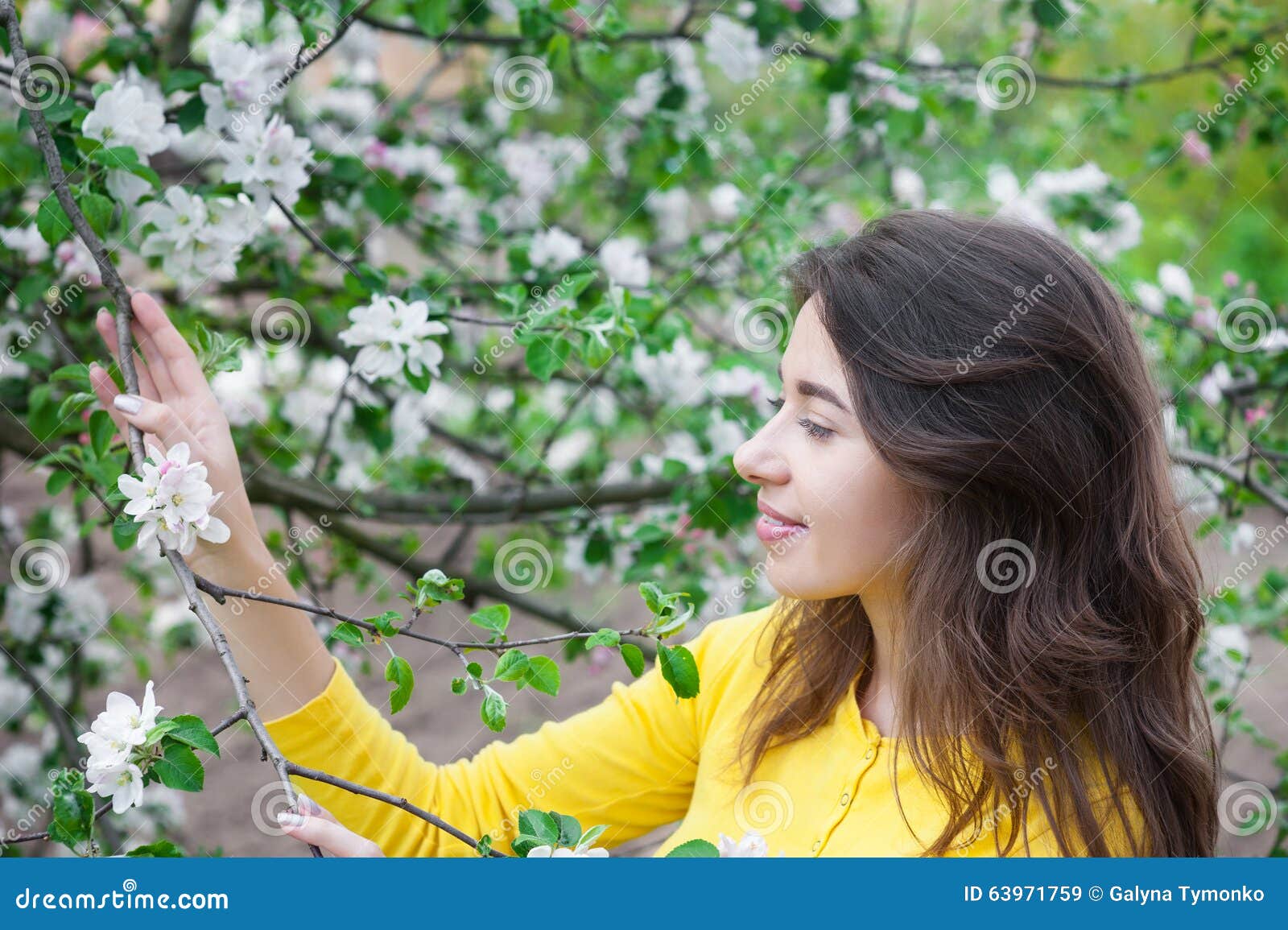 Beautiful Woman Near Blossoming Tree In Spring Stock Image Image Of Casual Garden 63971759