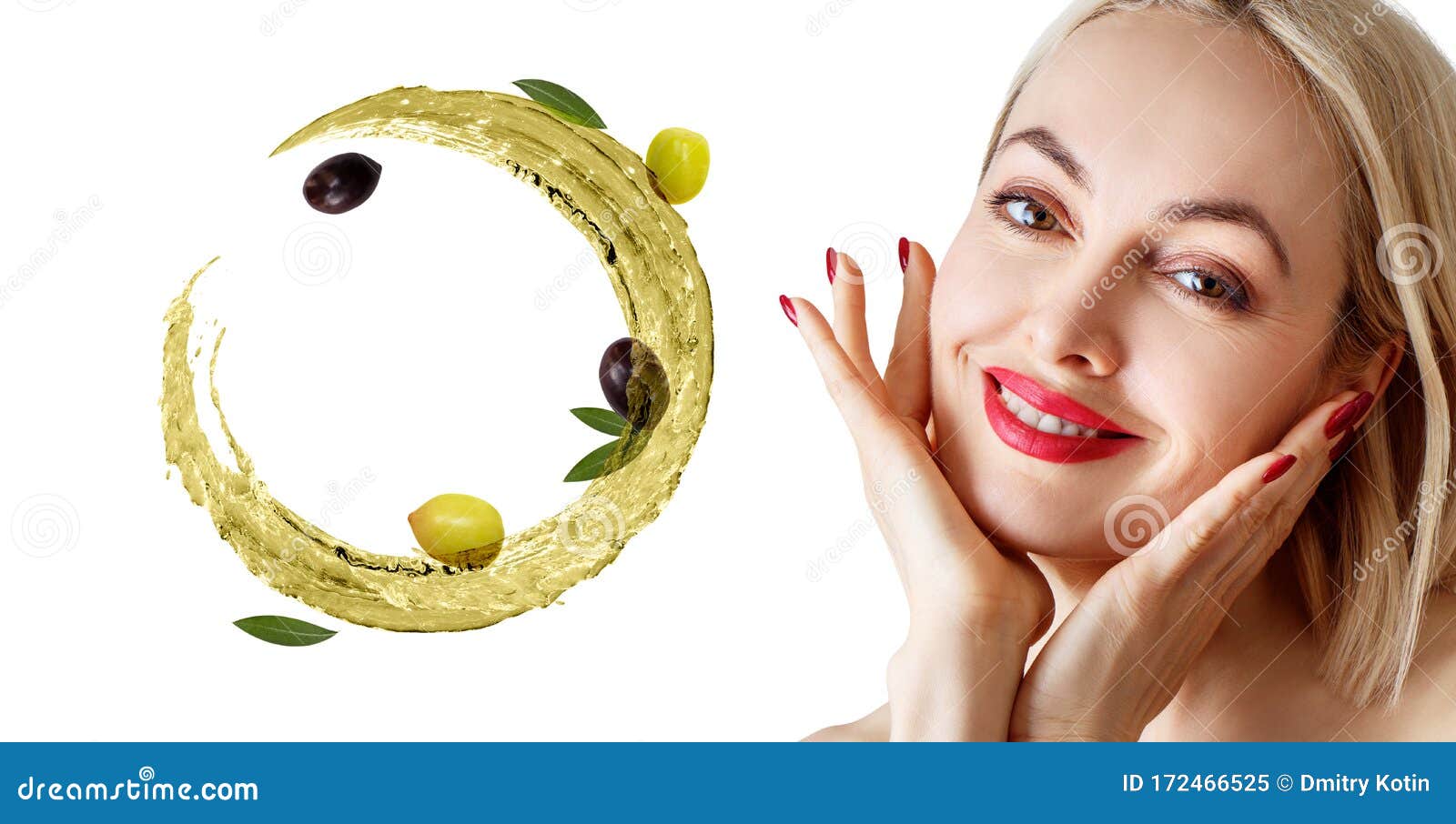 beautiful woman near circulate olive oil. skincare concept.