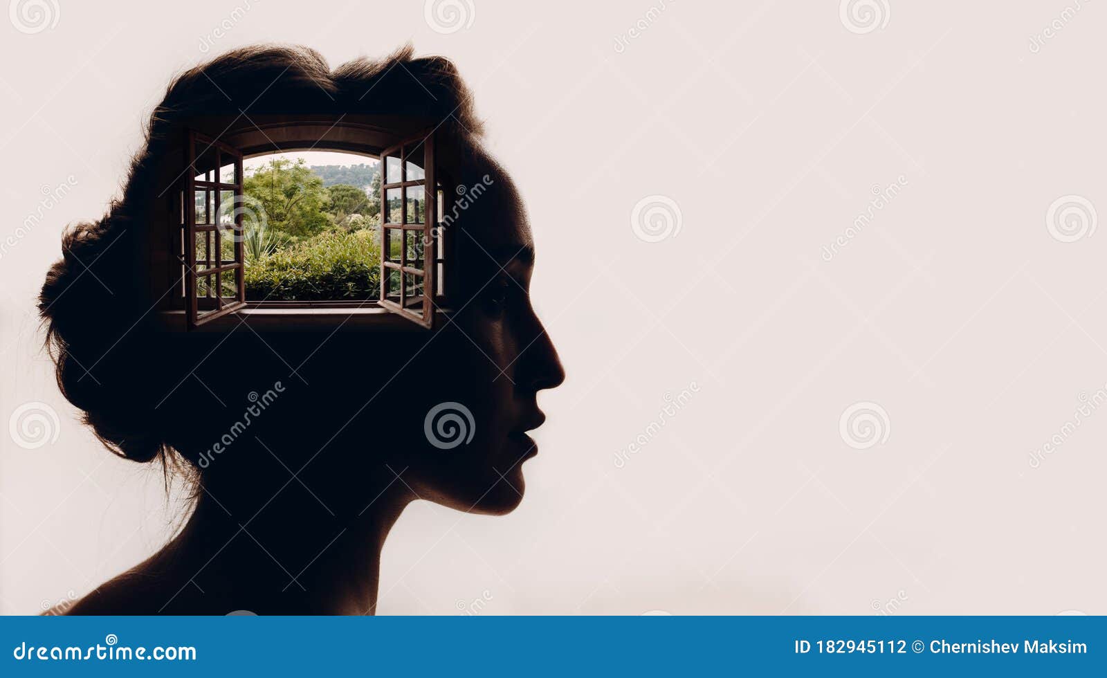 beautiful woman with opened window with garden in her head.