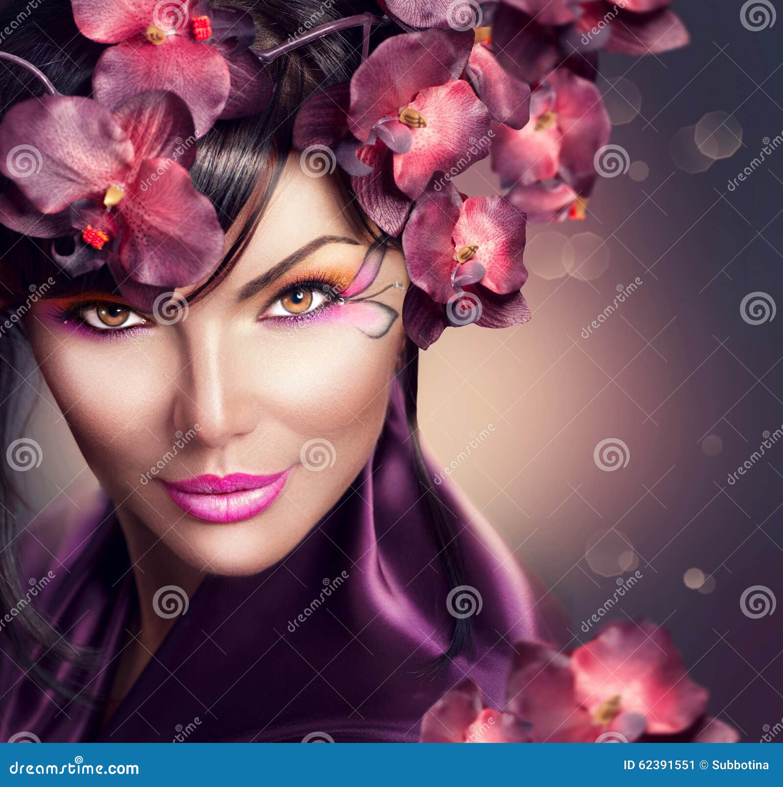 Beautiful Woman with Orchid Flower Hairstyle Stock Image - Image of  background, fantasy: 62391551