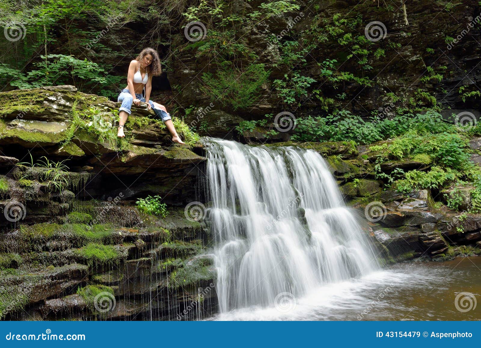 Beautiful Woman Outdoors - Next To Waterfall Stock Image 
