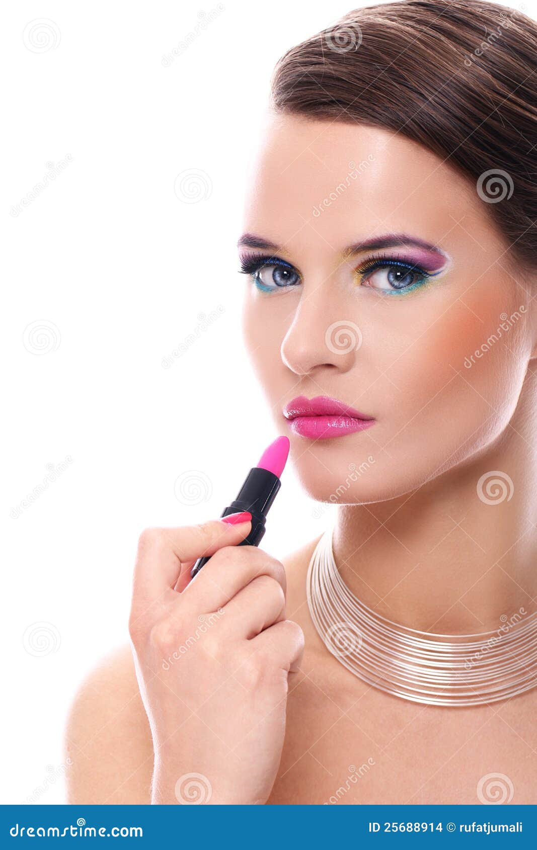 Beautiful Woman With Pink Lipstick Stock Photo - Image of care