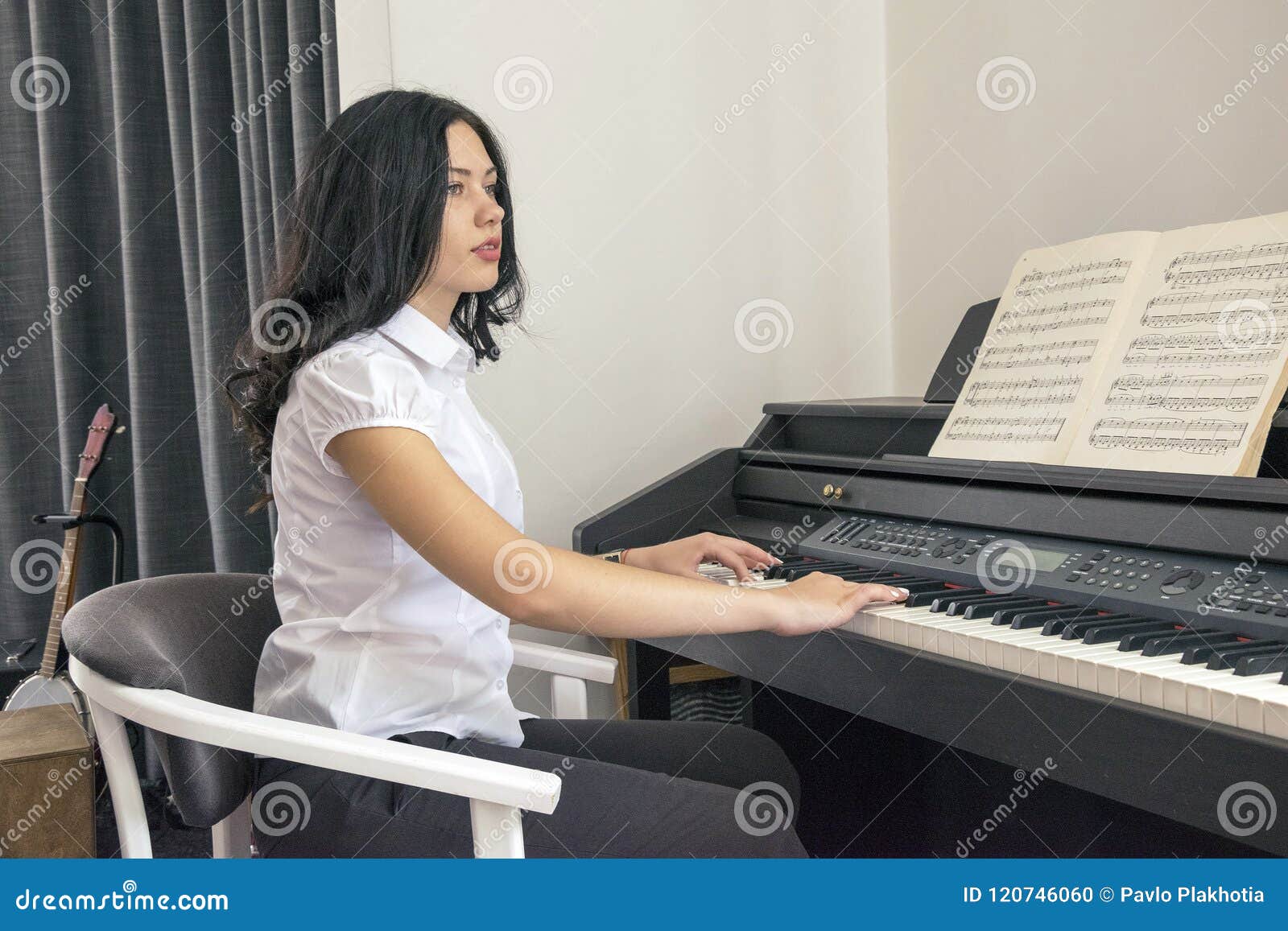 Beautiful Woman Playing Piano Stock Photo - Image of black, girl: 120746060