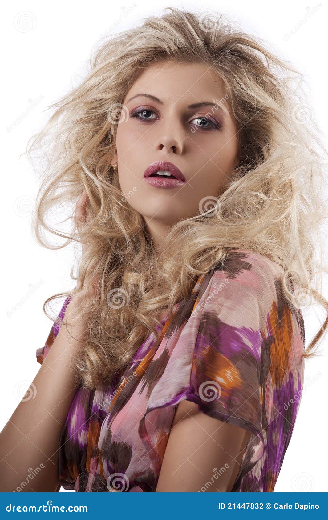 Beautiful Woman Posing with Long Curly Blond Stock Photo - Image of ...