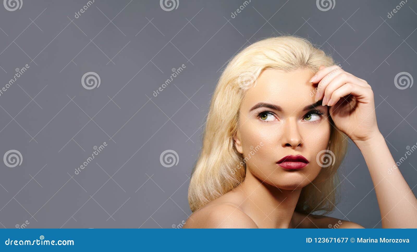 Beautiful Woman with Pout Red Lips, Blond Hair Fink about New Idea and Looking at Something. Retro Pin-Up Style Stock Image - Image of imagination, girl: 123671677 Beautiful Woman with Pout Red Lips, Blond Hair Fink about New Idea and Looking at Something. Retro Pin-Up Style Stock Image - Image of imagination, girl: 123671677