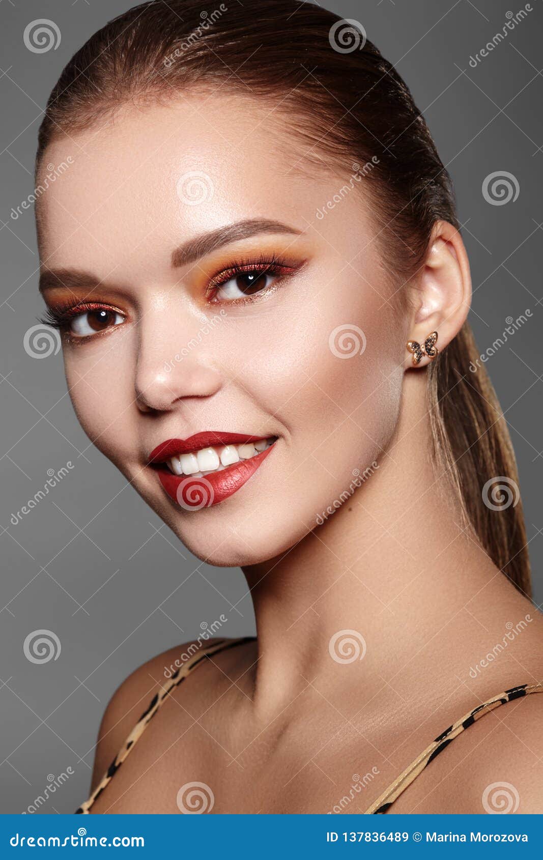 Beautiful Woman With Professional Makeup Party Gold Eye