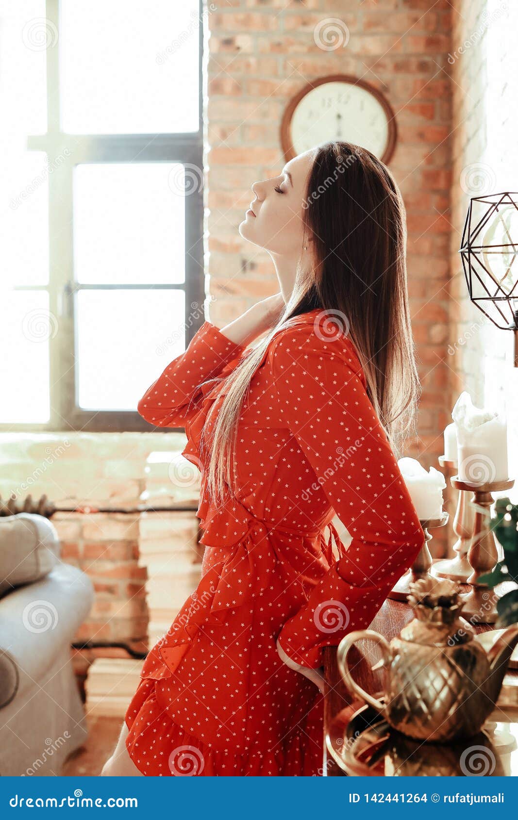 Girl in red dress stock photo. Image of leisure, plant - 142441264