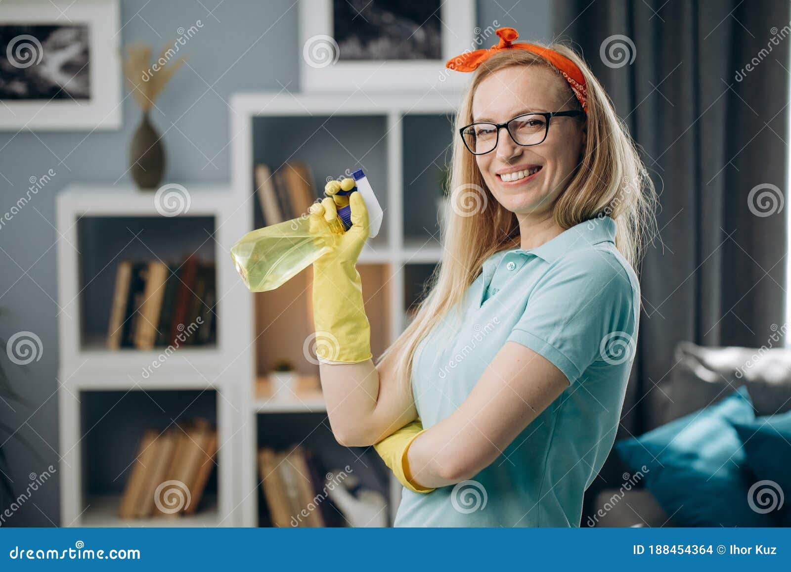 Beautiful Woman In Rubber Gloves Holding Cleaning Spray Stock Photo Image Of Domestic Holding