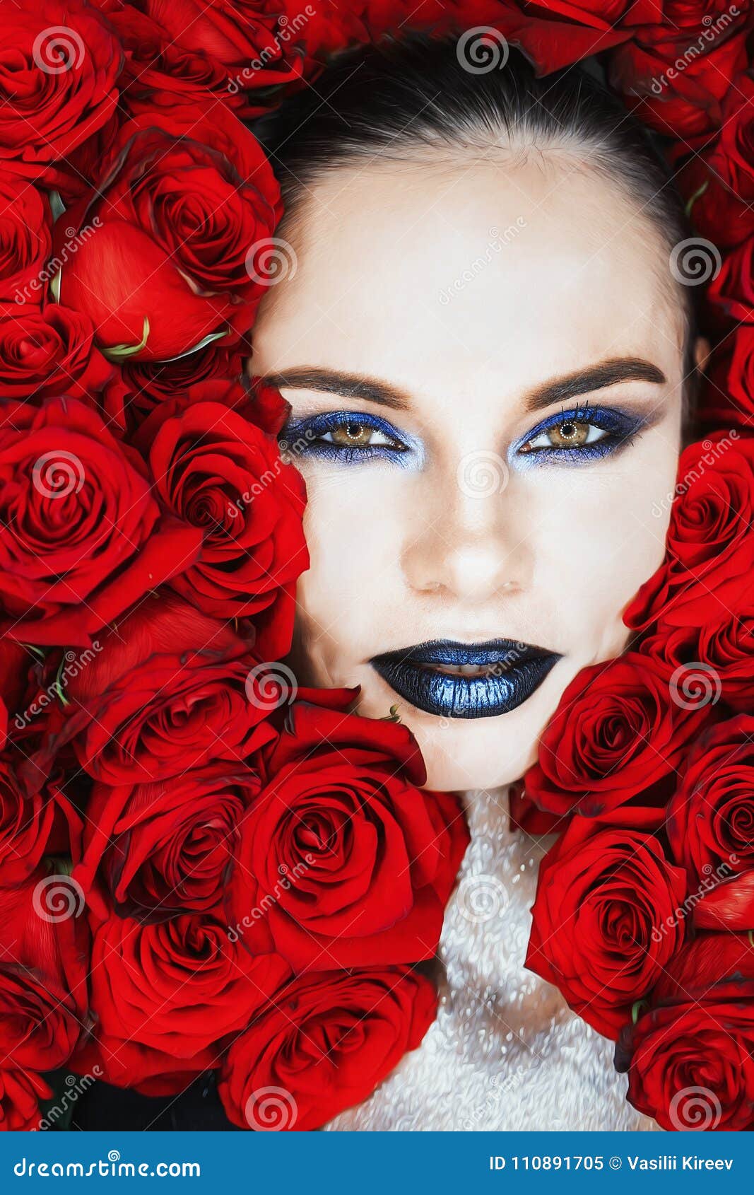 Beautiful Woman& X27;s Face and Rose Petals.Perfect Skin Stock Image ...