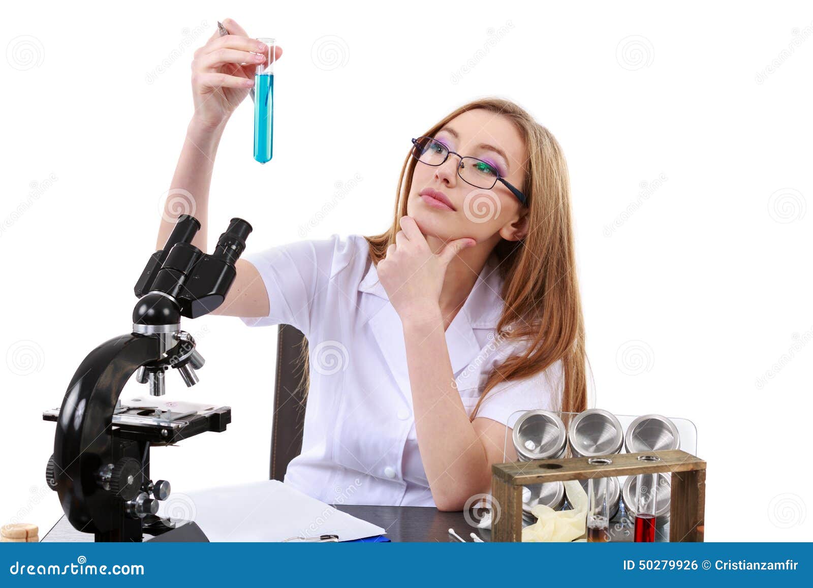 Beautiful Woman Scientist in the Lab Perform Various Operations Stock