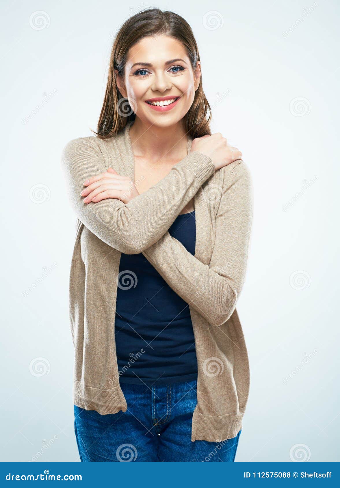 Beautiful Woman Standing Against White Background with Crossed Stock ...