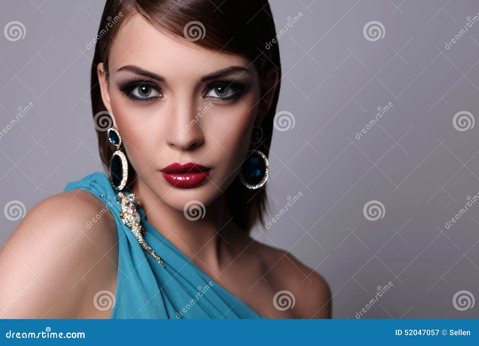 Beautiful Woman Standing on Gray Background Stock Image - Image of ...