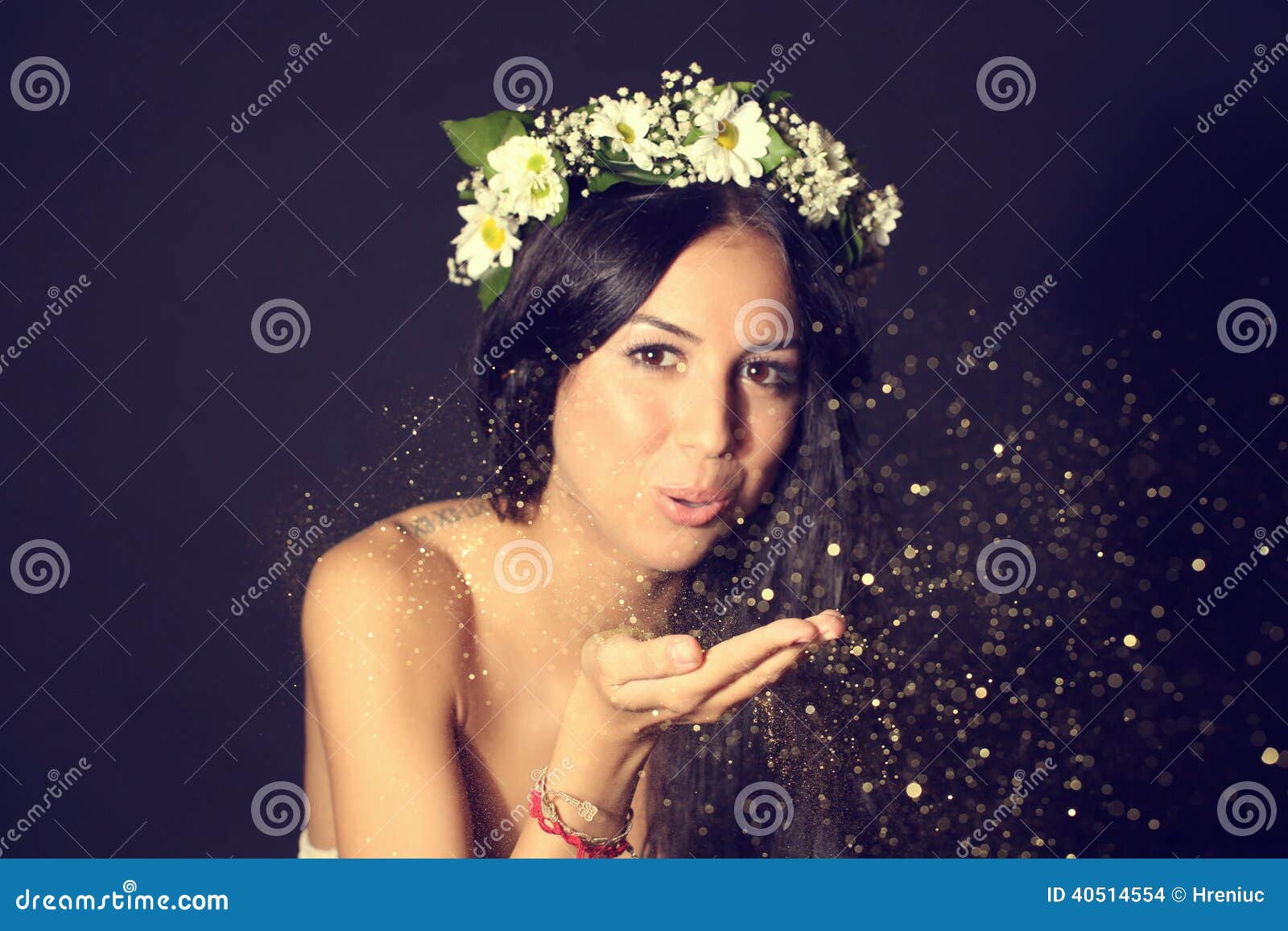 Beautiful Woman in Studio with Golden Glitter Stock Photo - Image of ...