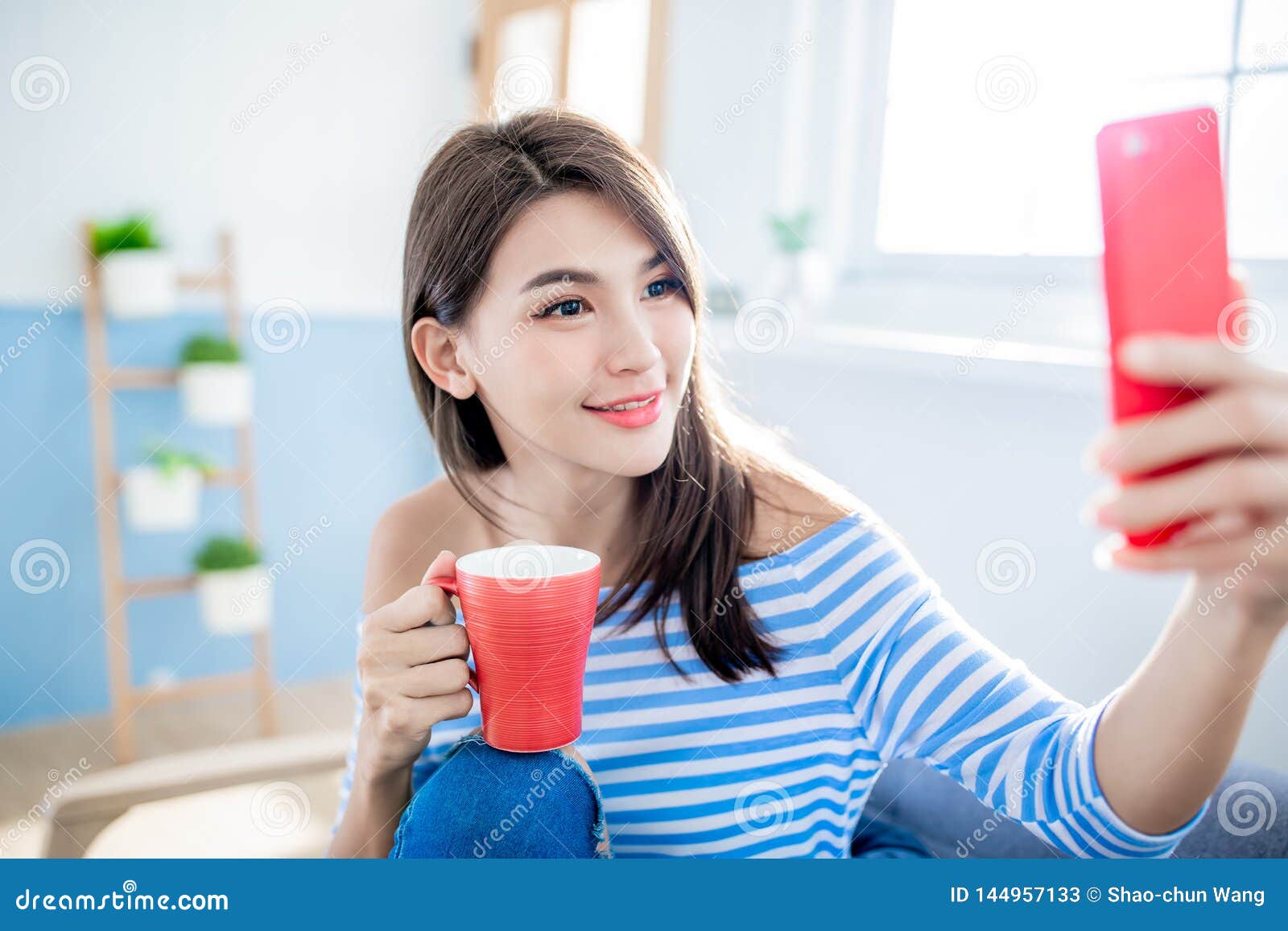 Beautiful Woman Taking Selfie Stock Image - Image of mobile, home